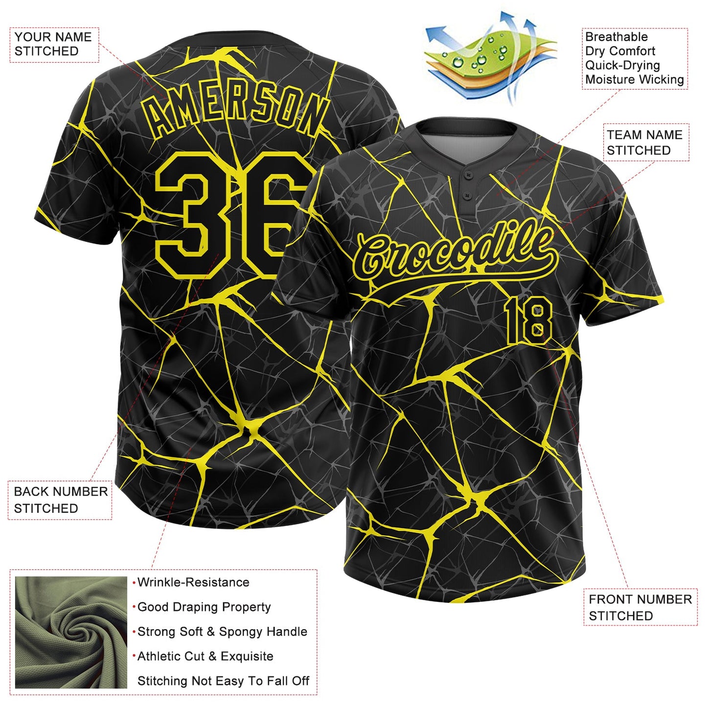 Custom Black Light Yellow  Abstract Network Two-Button Unisex Softball Jersey view 3