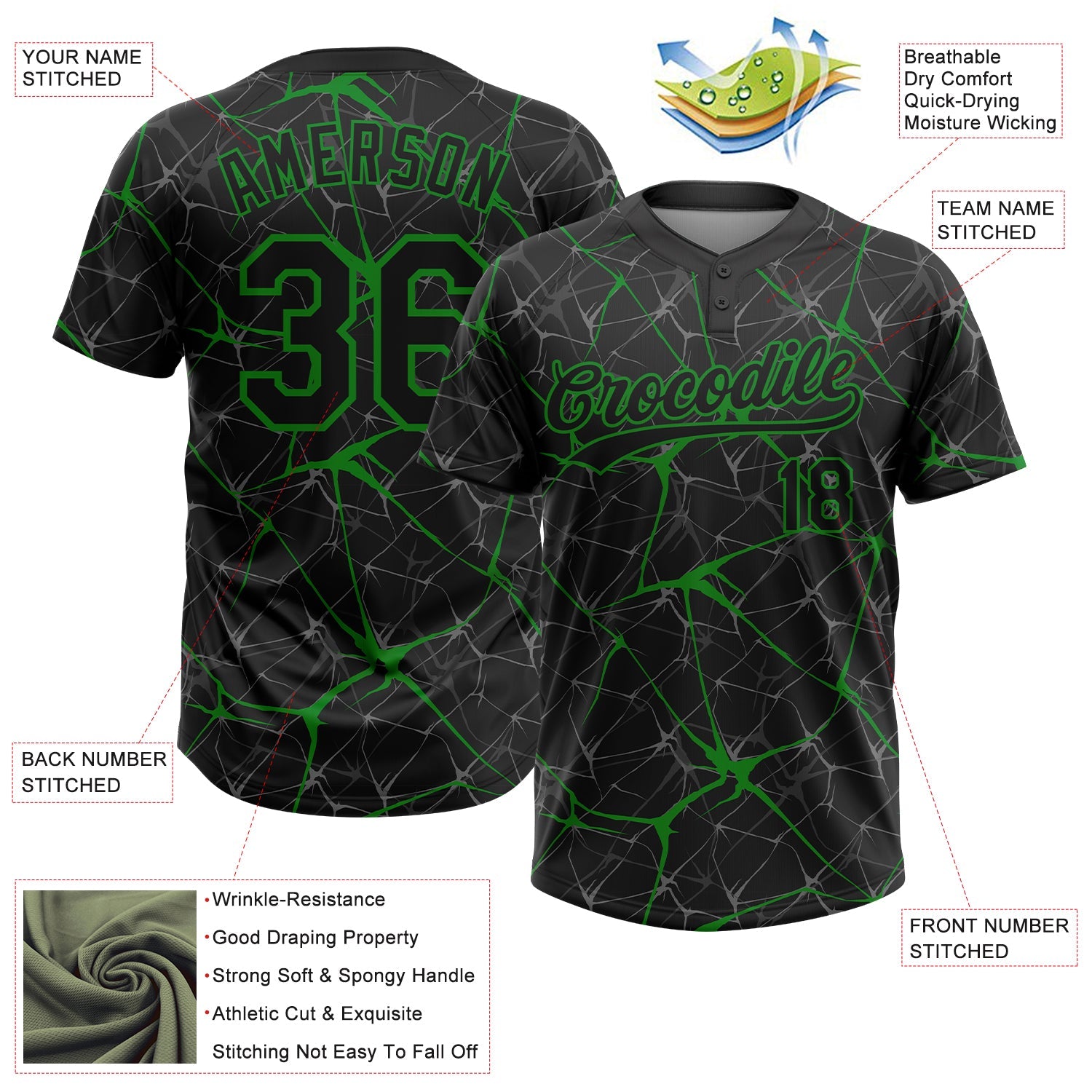 Custom Black Grass Green  Abstract Network Two-Button Unisex Softball Jersey view 3