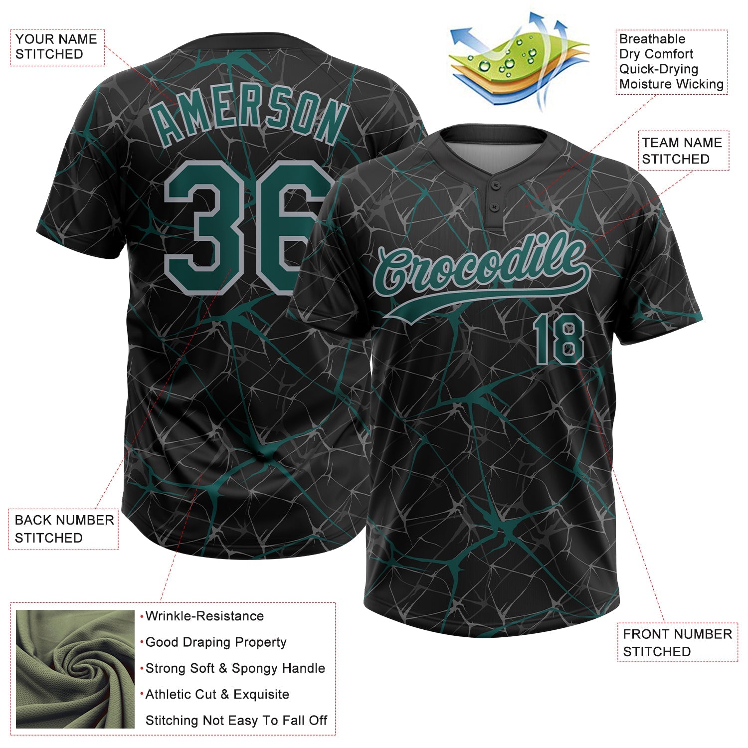 Custom Black Midnight Green-Gray  Abstract Network Two-Button Unisex Softball Jersey view 3