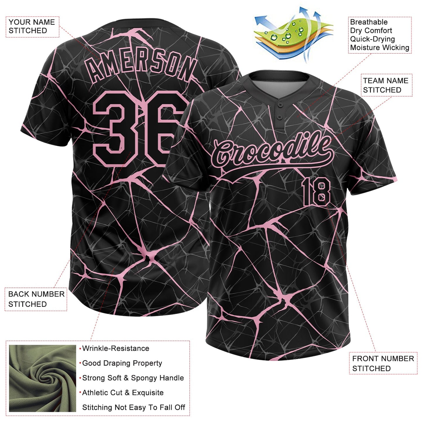 Custom Black Light Pink  Abstract Network Two-Button Unisex Softball Jersey view 3