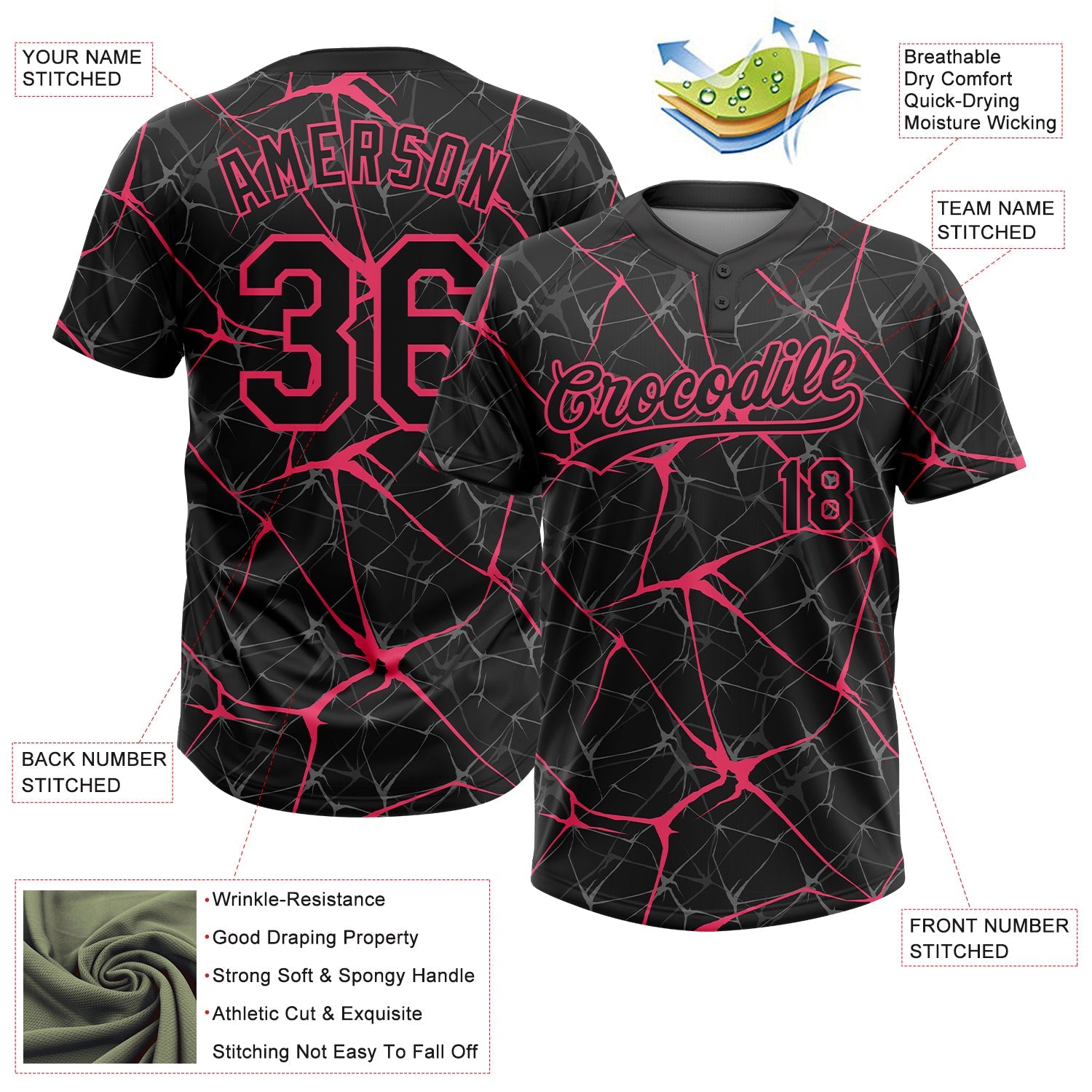 Custom Black Neon Pink  Abstract Network Two-Button Unisex Softball Jersey view 3