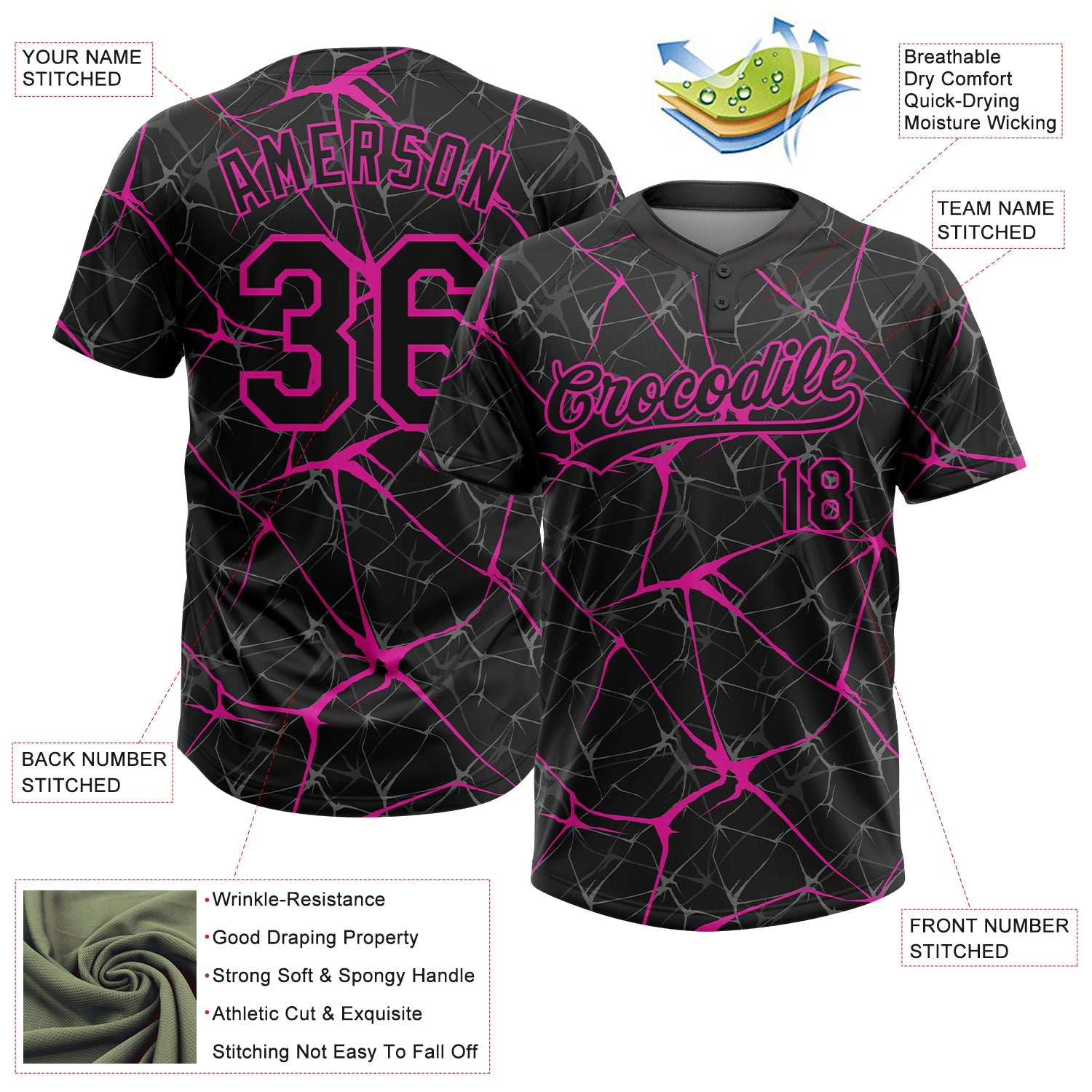 Custom Black Deep Pink  Abstract Network Two-Button Unisex Softball Jersey view 3