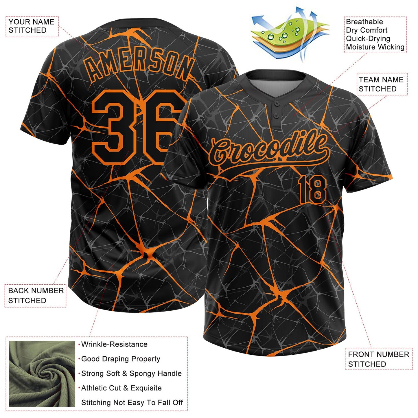 Custom Black Bay Orange  Abstract Network Two-Button Unisex Softball Jersey view 3