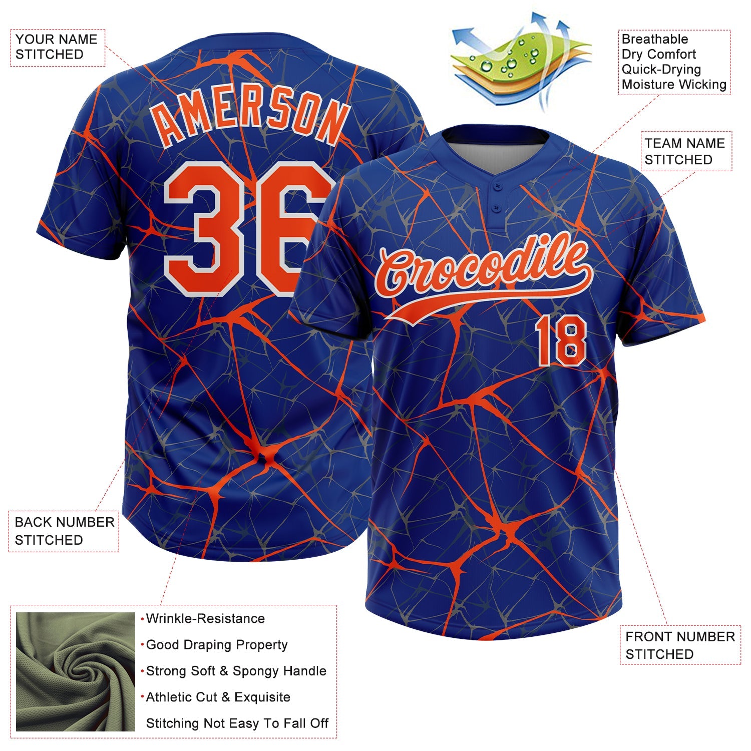Custom Royal Orange-White  Abstract Network Two-Button Unisex Softball Jersey view 3