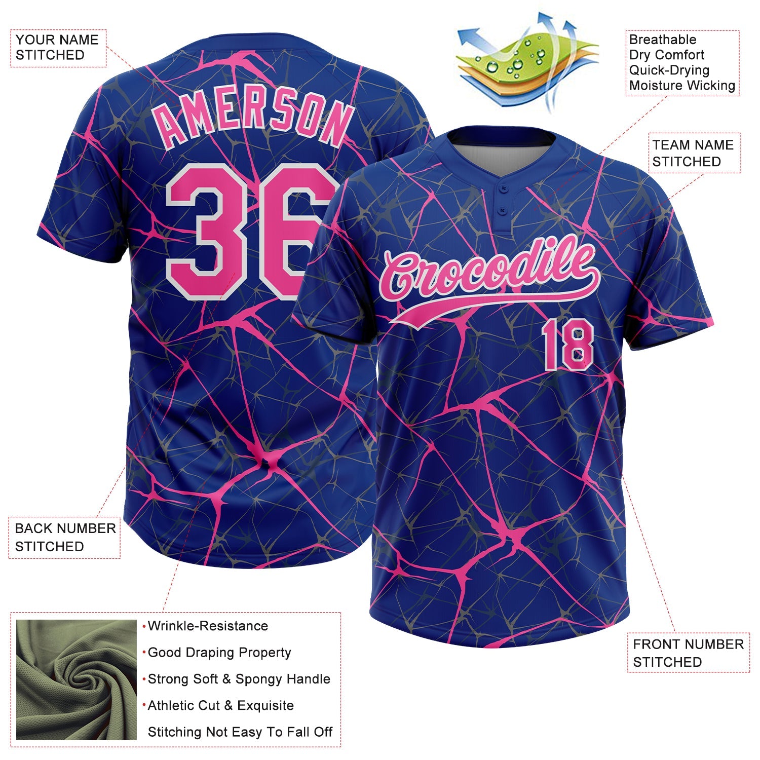 Custom Royal Pink-White  Abstract Network Two-Button Unisex Softball Jersey view 3
