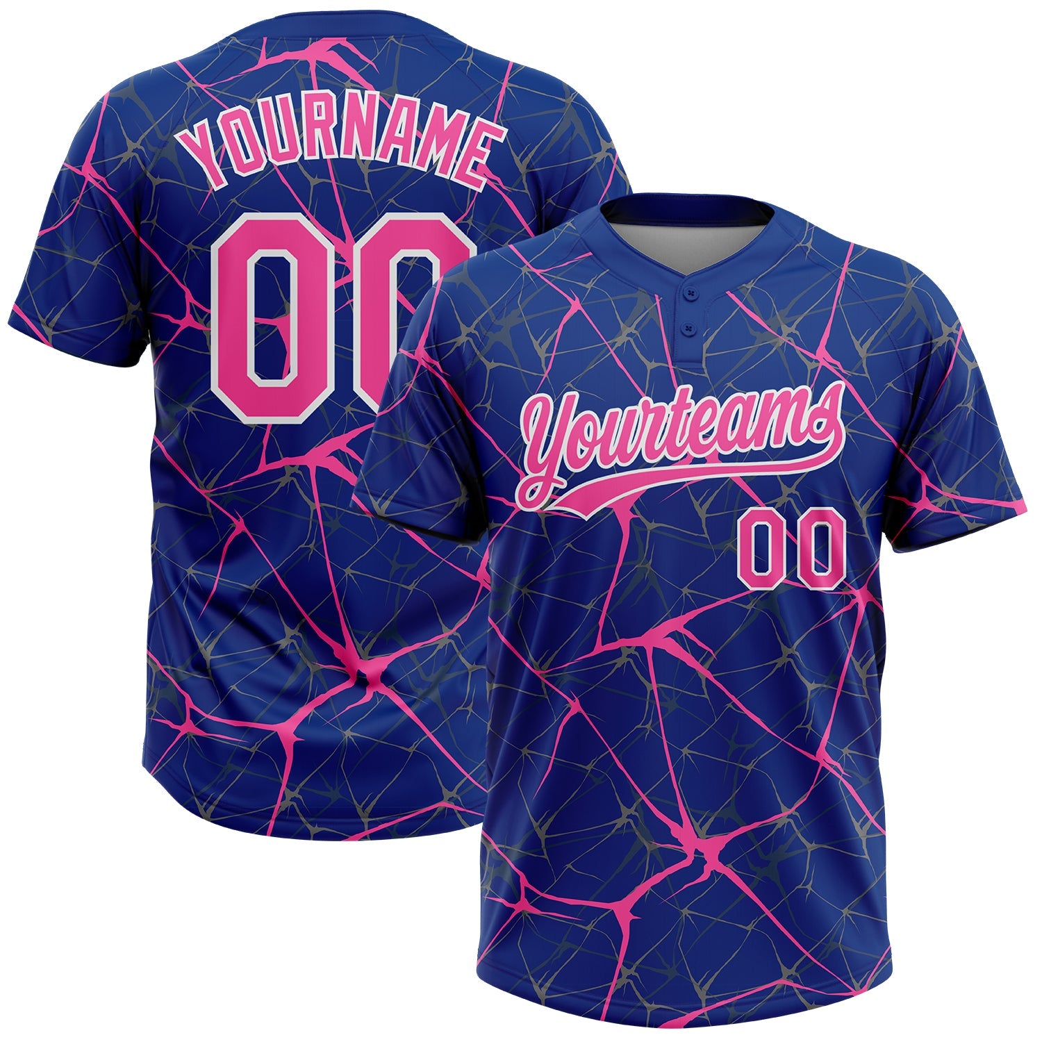 Custom Royal Pink-White  Abstract Network Two-Button Unisex Softball Jersey - Main View