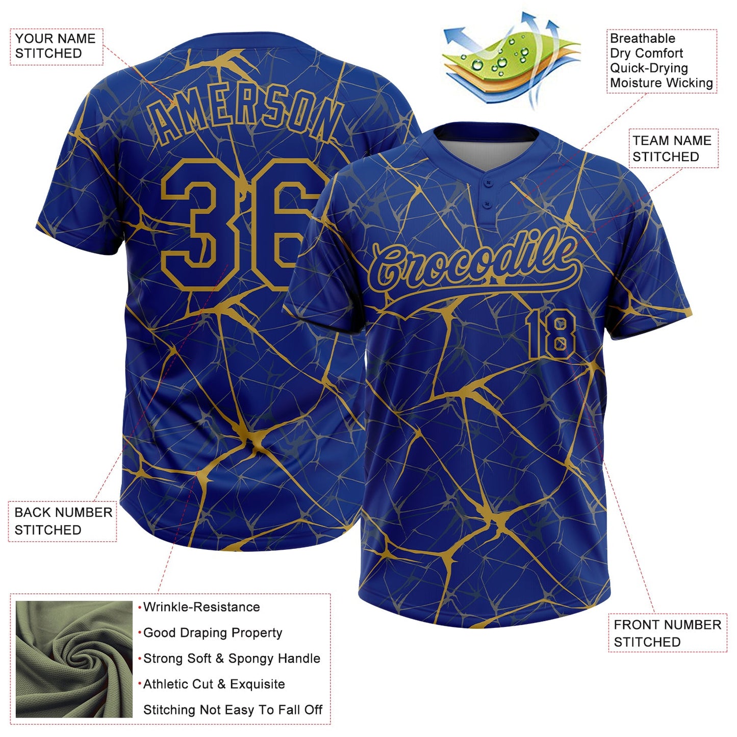 Custom Royal Old Gold  Abstract Network Two-Button Unisex Softball Jersey view 3