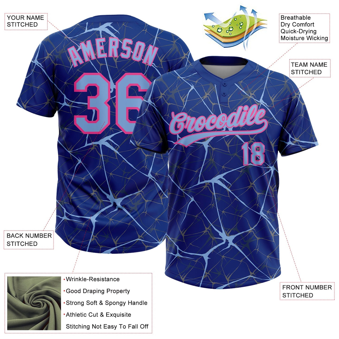 Custom Royal Light Blue-Pink  Abstract Network Two-Button Unisex Softball Jersey view 3