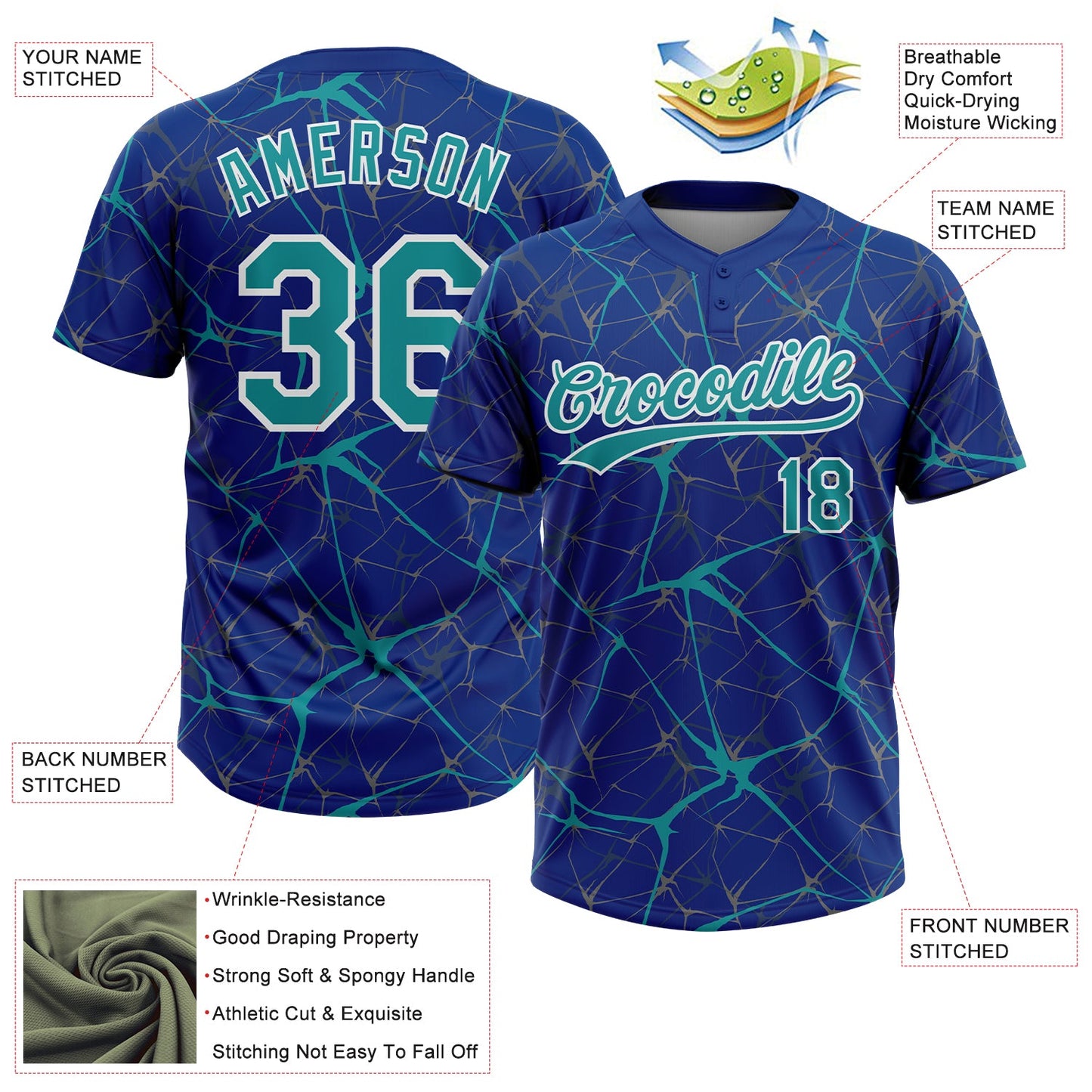 Custom Royal Teal-White  Abstract Network Two-Button Unisex Softball Jersey view 3