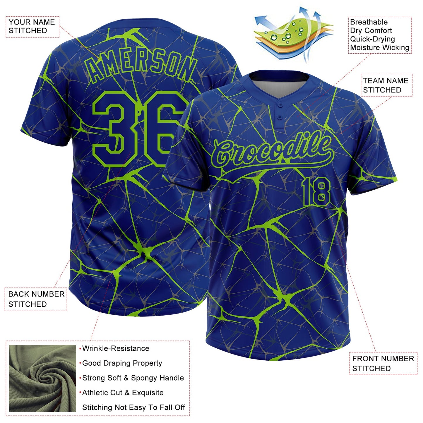 Custom Royal Neon Green  Abstract Network Two-Button Unisex Softball Jersey view 3