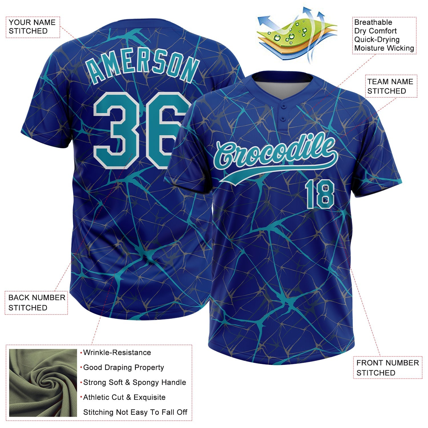 Custom Royal Teal-White  Abstract Network Two-Button Unisex Softball Jersey view 3