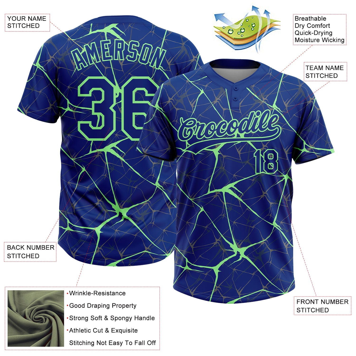 Custom Royal Pea Green  Abstract Network Two-Button Unisex Softball Jersey view 3