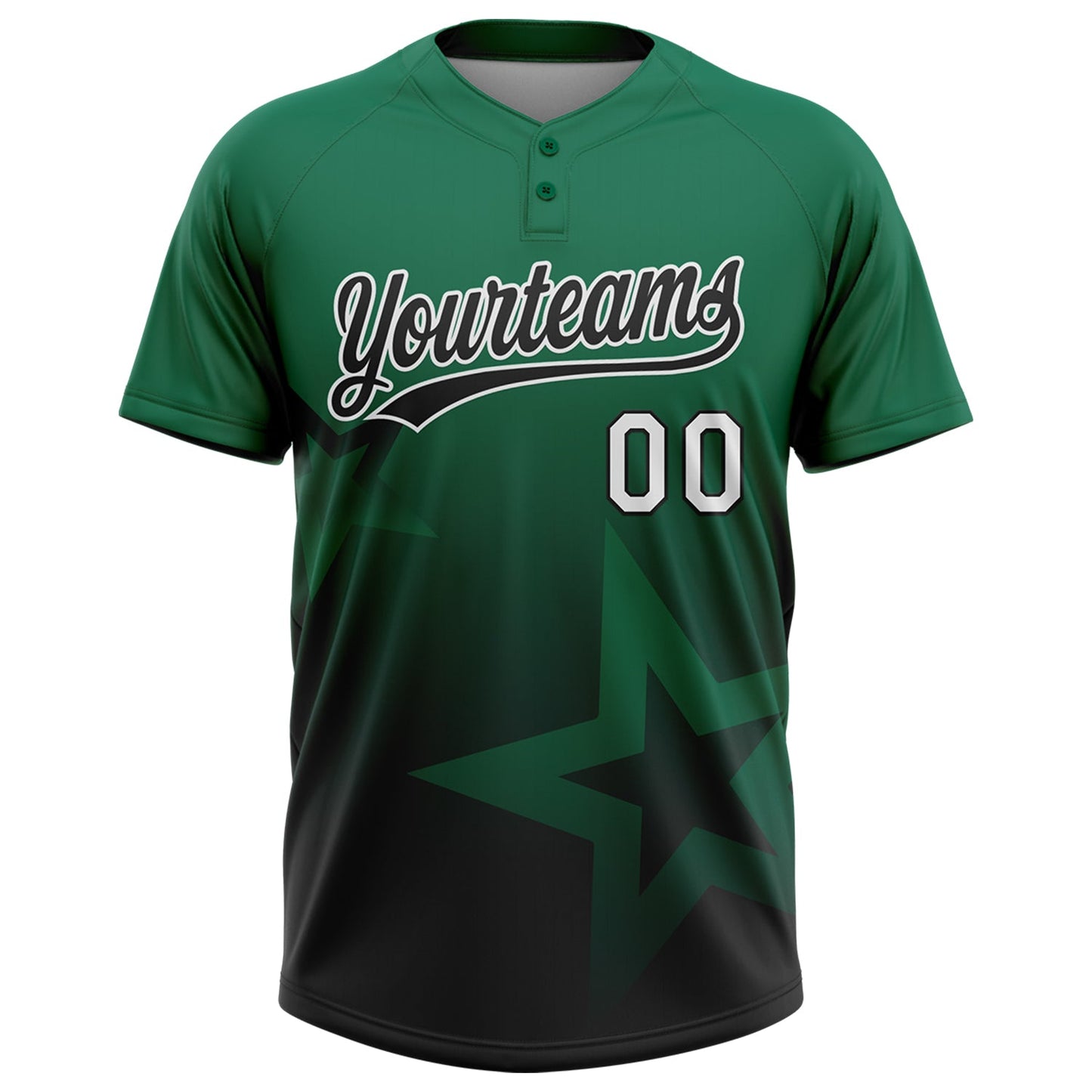 Custom Kelly Green Black-White Gradient Style Twinkle Star Two-Button Unisex Softball Jersey view 2