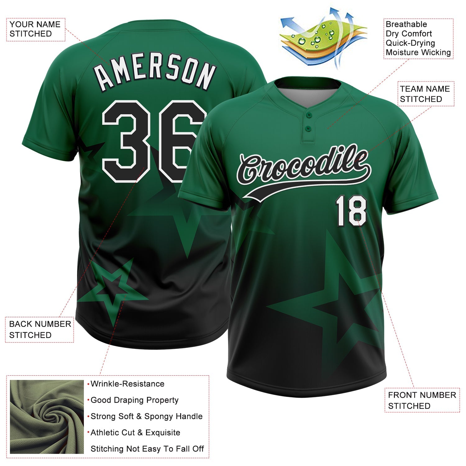 Custom Kelly Green Black-White Gradient Style Twinkle Star Two-Button Unisex Softball Jersey view 3