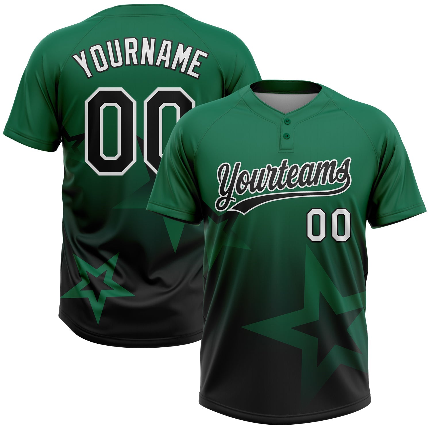 Custom Kelly Green Black-White Gradient Style Twinkle Star Two-Button Unisex Softball Jersey - Main View