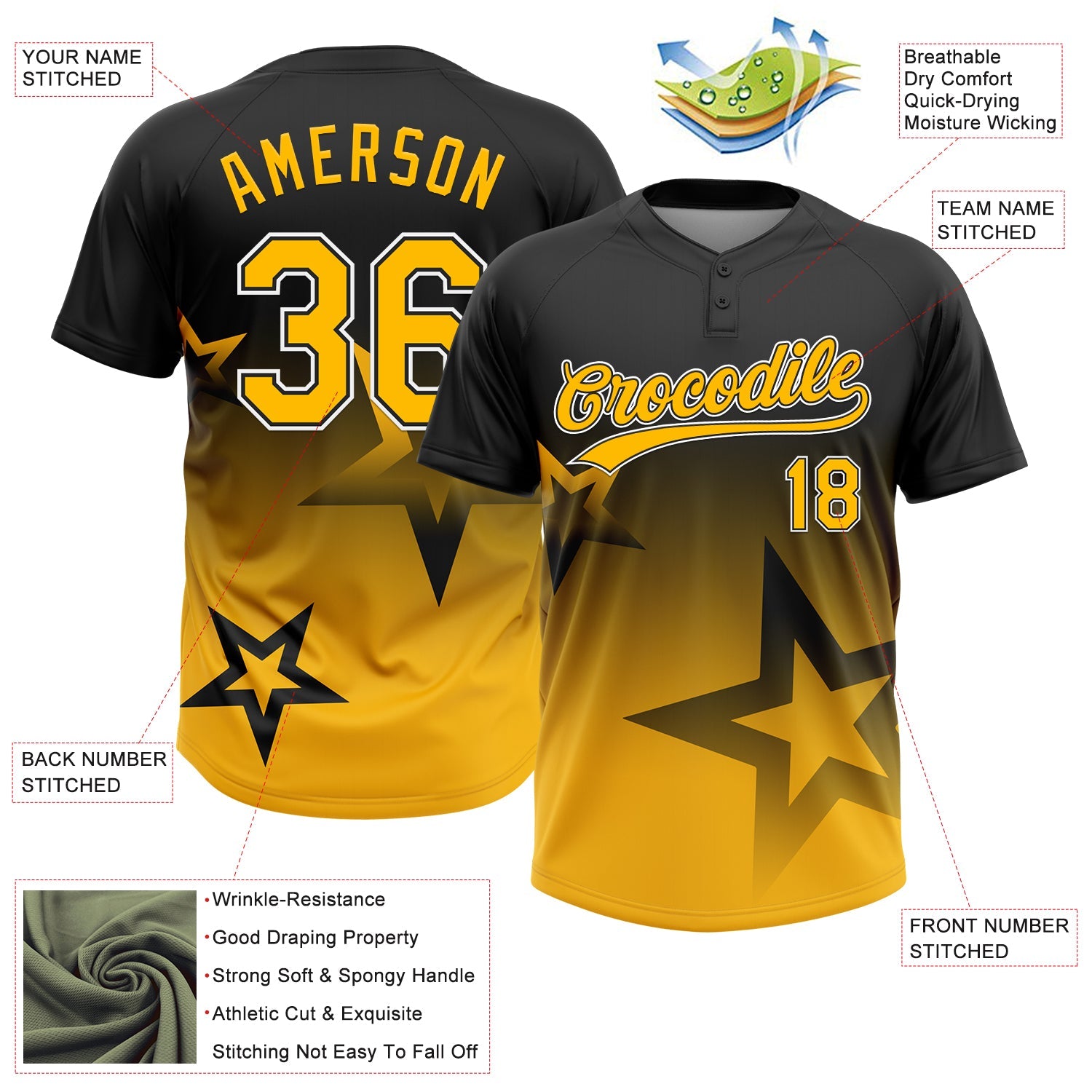 Custom Black Gold-White Gradient Style Twinkle Star Two-Button Unisex Softball Jersey view 3
