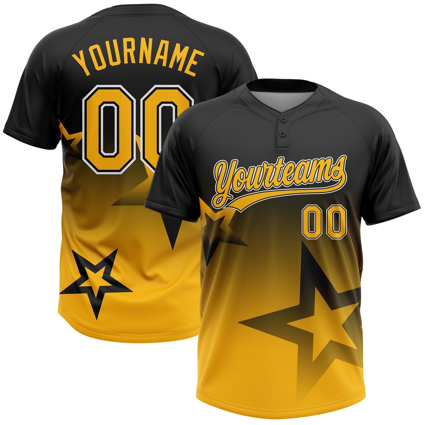 Custom Black Gold-White Gradient Style Twinkle Star Two-Button Unisex Softball Jersey - Main View