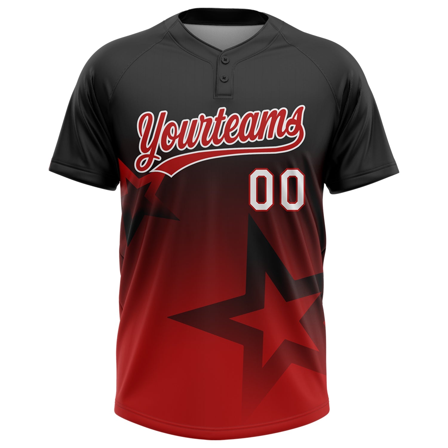 Custom Black Red-White Gradient Style Twinkle Star Two-Button Unisex Softball Jersey view 2