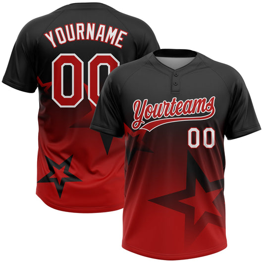 Custom Black Red-White Gradient Style Twinkle Star Two-Button Unisex Softball Jersey - Main View