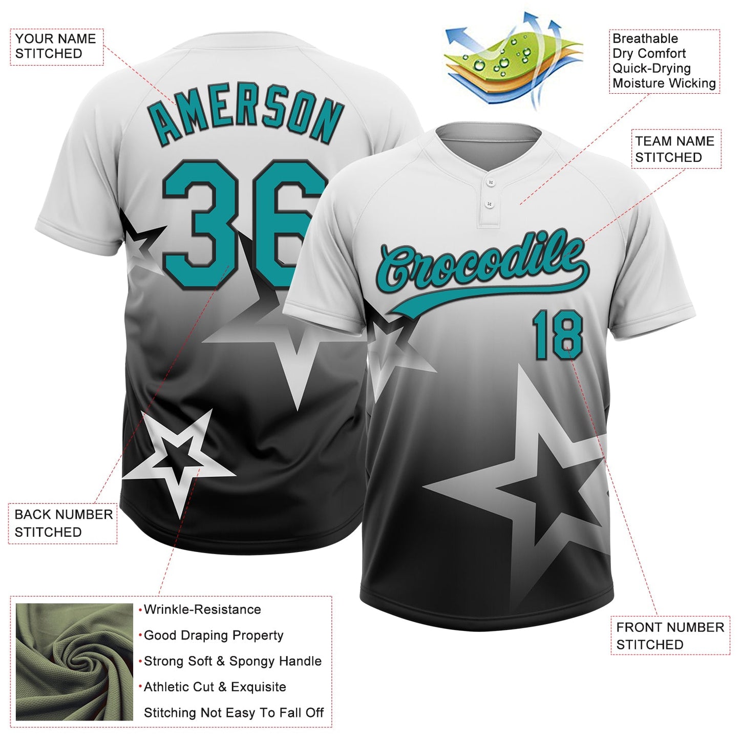 Custom White Teal-Black Gradient Style Twinkle Star Two-Button Unisex Softball Jersey view 3