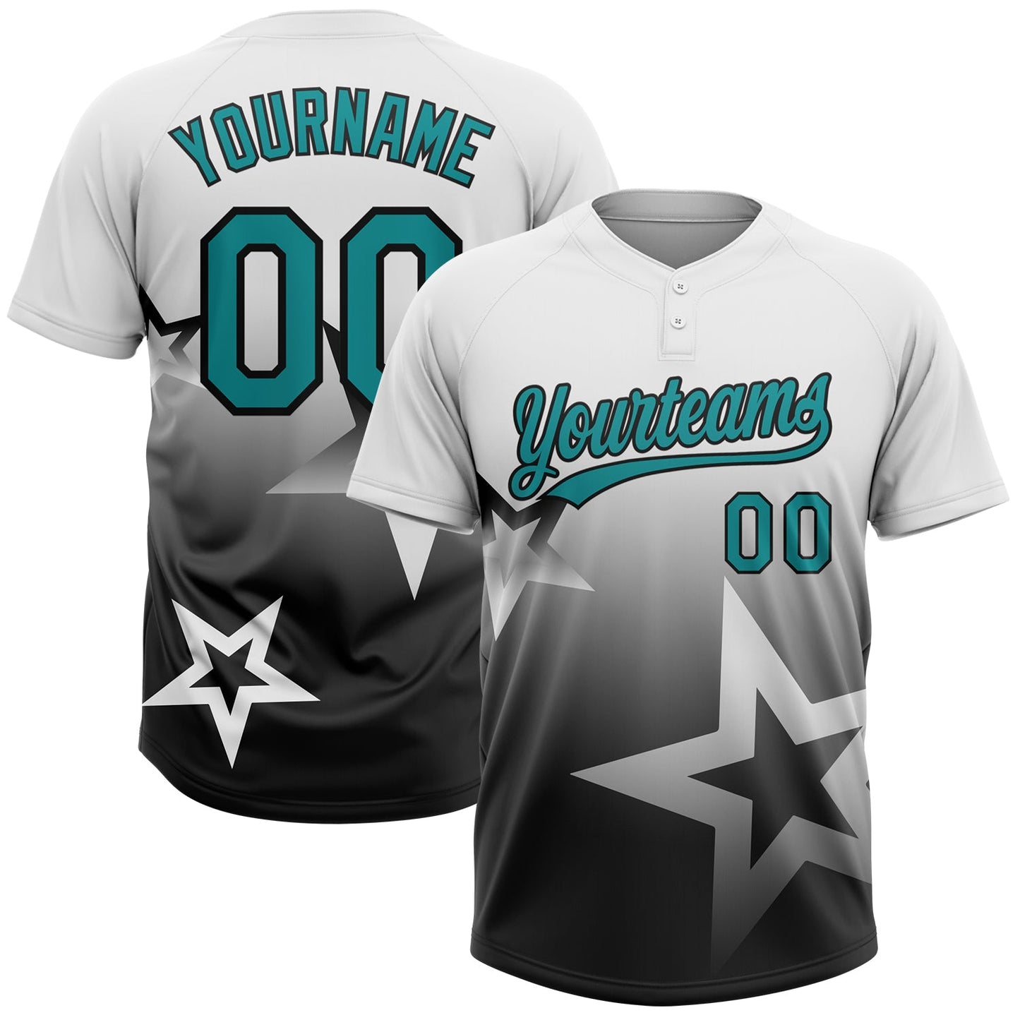 Custom White Teal-Black Gradient Style Twinkle Star Two-Button Unisex Softball Jersey - Main View