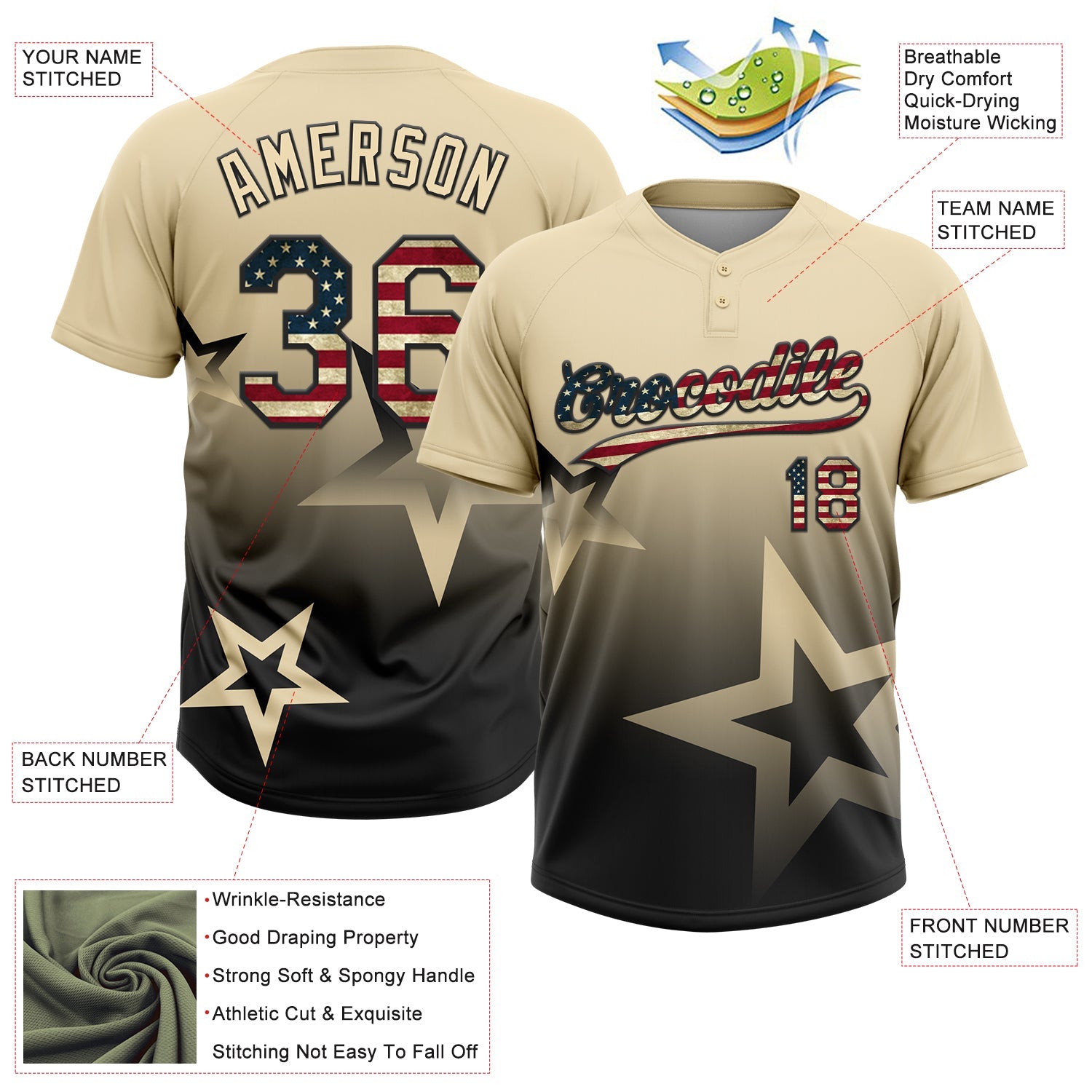Custom Cream Vintage USA Flag-Black Gradient Style Twinkle Star Two-Button Unisex Softball Jersey view 3