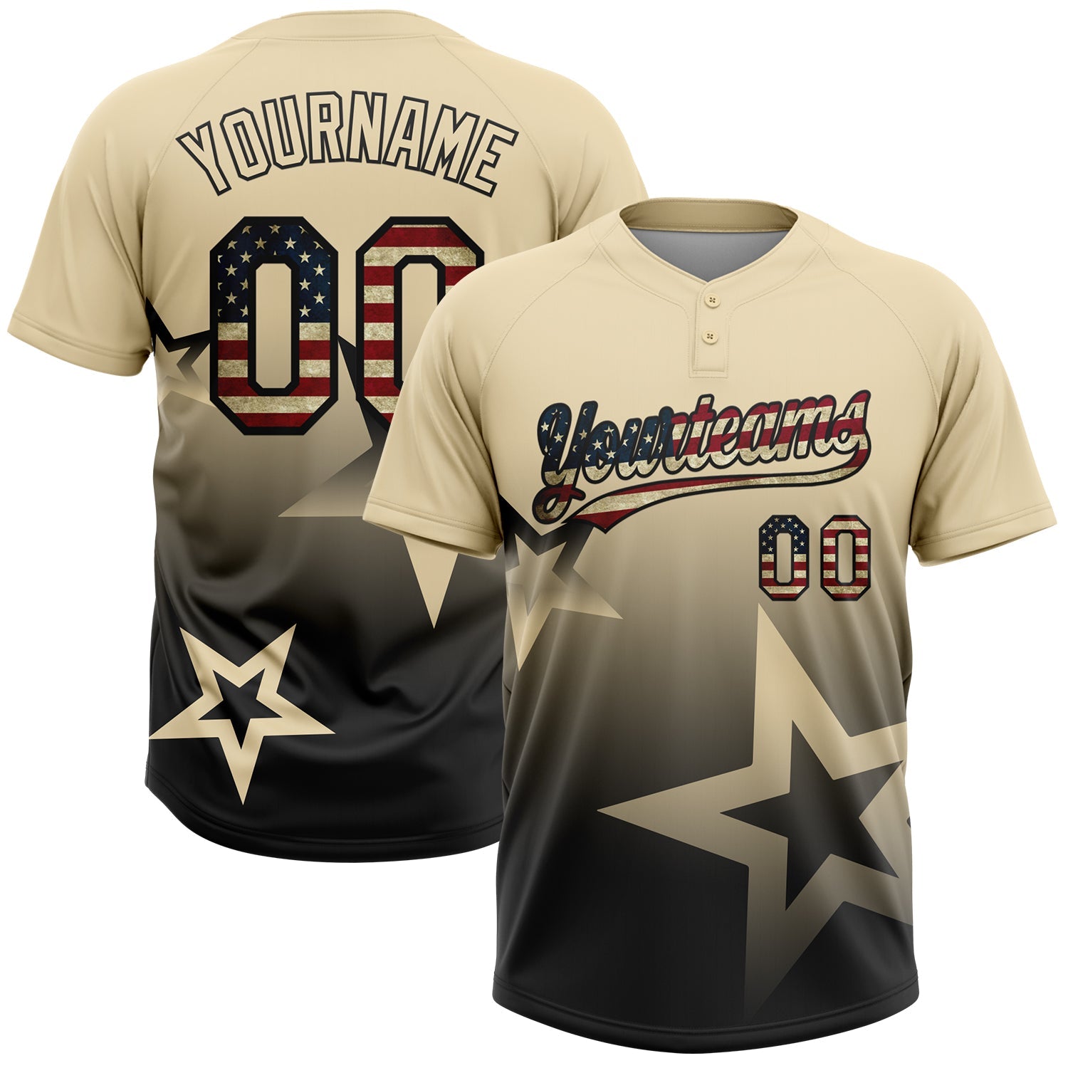Custom Cream Vintage USA Flag-Black Gradient Style Twinkle Star Two-Button Unisex Softball Jersey - Main View