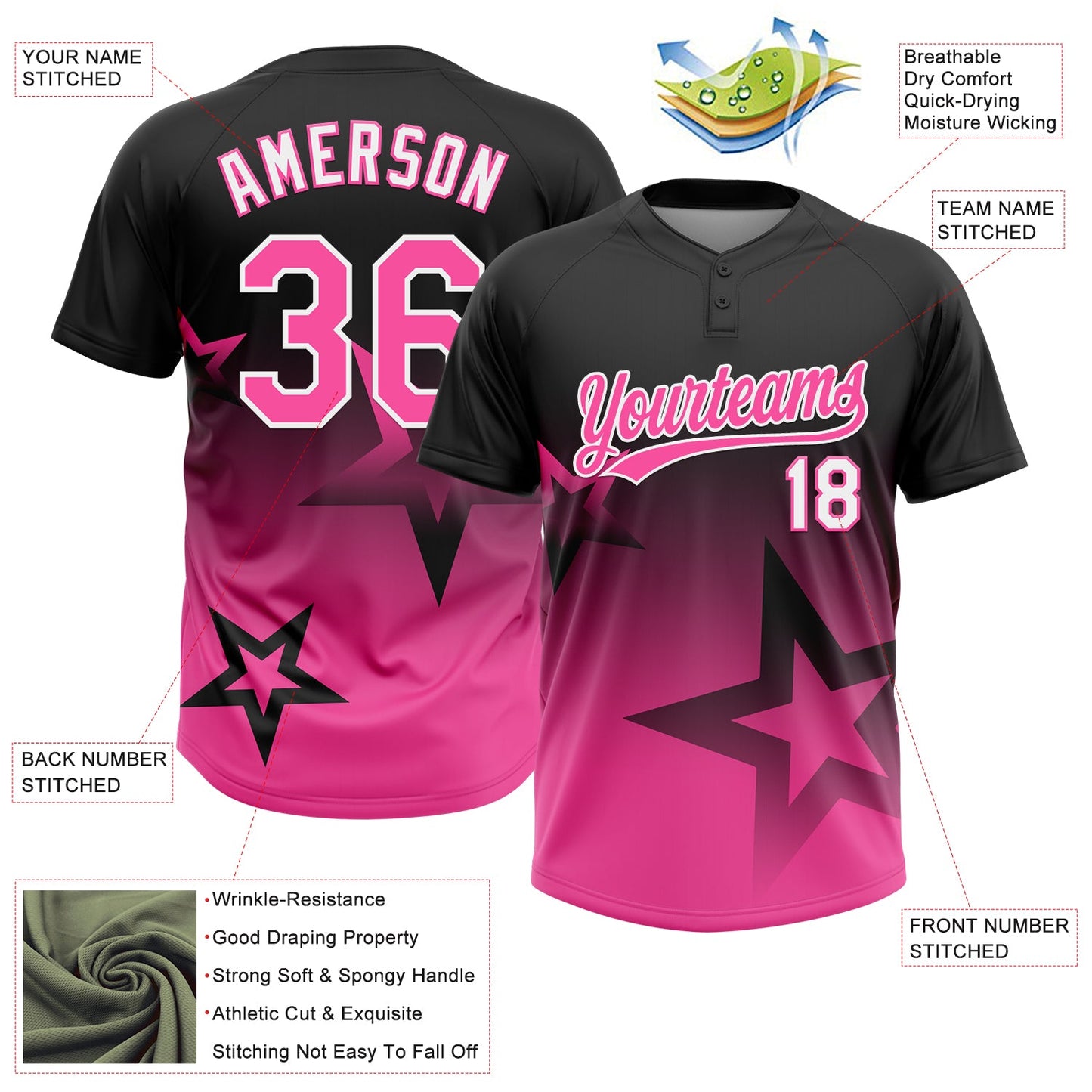 Custom Black Pink-White Gradient Style Twinkle Star Two-Button Unisex Softball Jersey view 3
