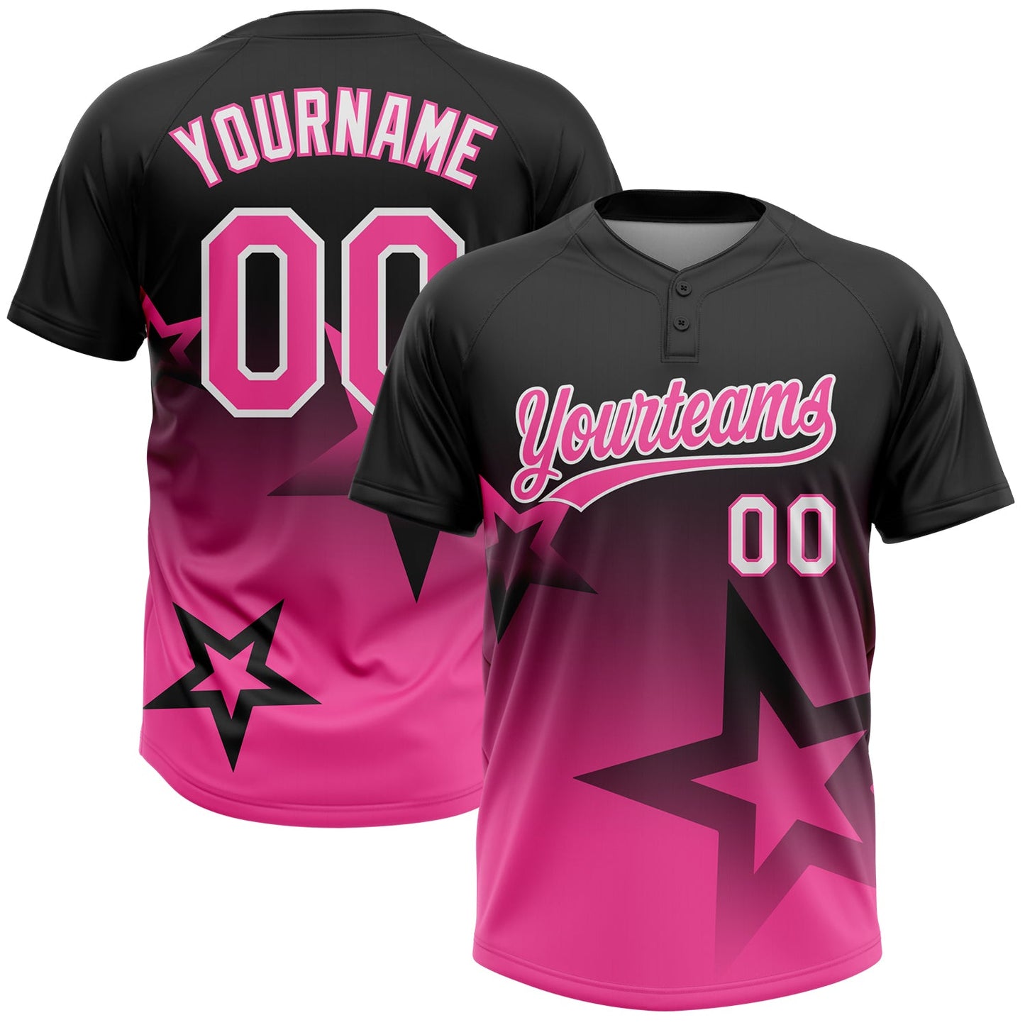 Custom Black Pink-White Gradient Style Twinkle Star Two-Button Unisex Softball Jersey - Main View