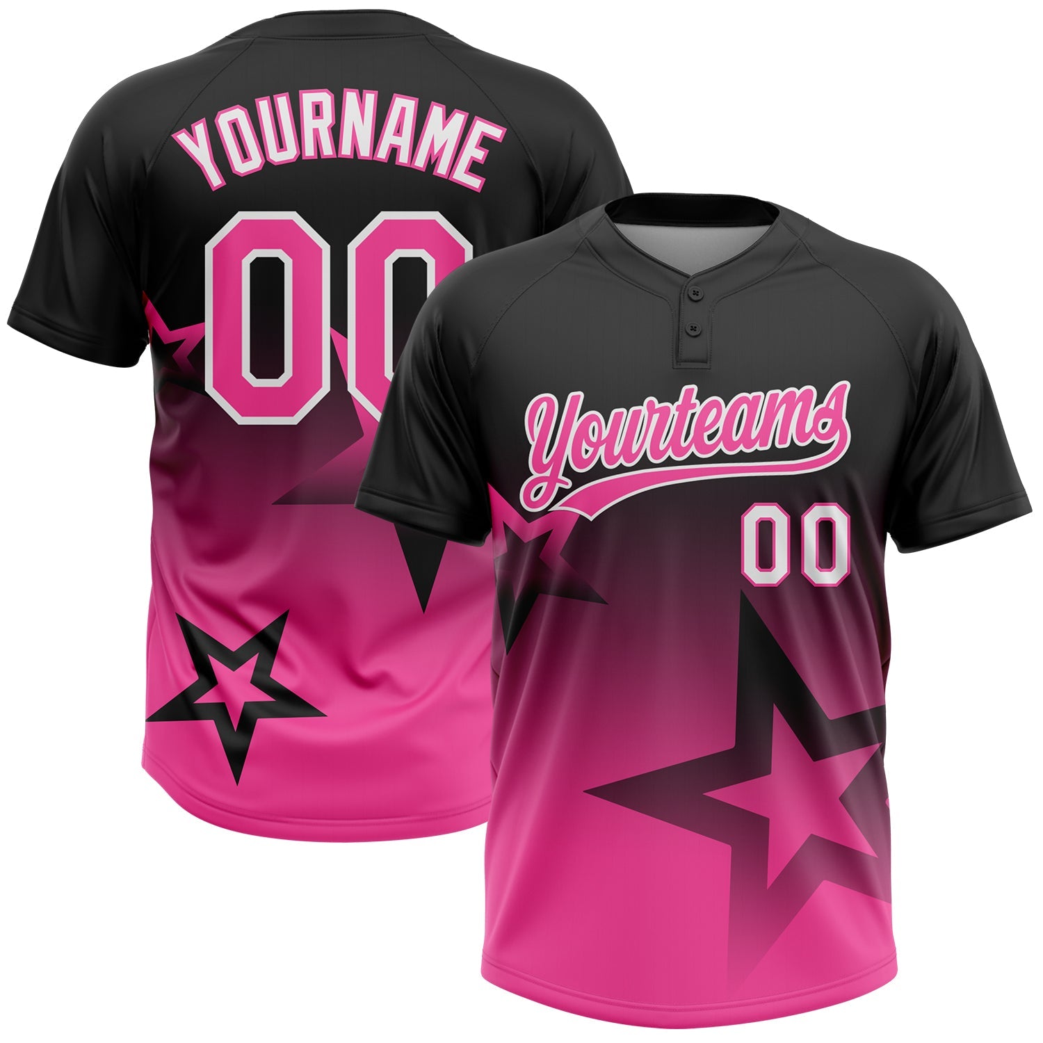 Custom Black Pink-White Gradient Style Twinkle Star Two-Button Unisex Softball Jersey - Main View