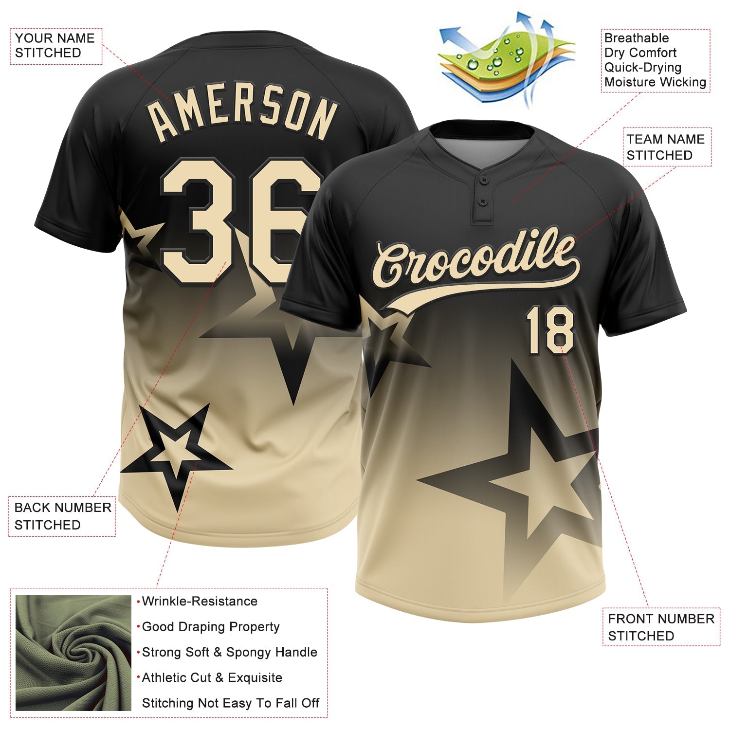 Custom Black Cream Gradient Style Twinkle Star Two-Button Unisex Softball Jersey view 3