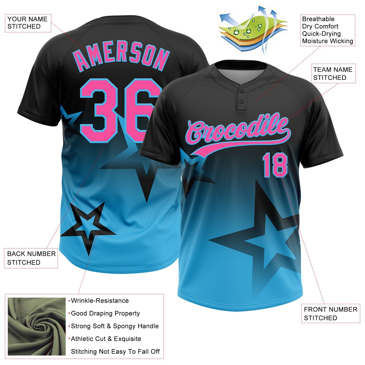 Custom Black Pink-Sky Blue Gradient Style Twinkle Star Two-Button Unisex Softball Jersey view 3