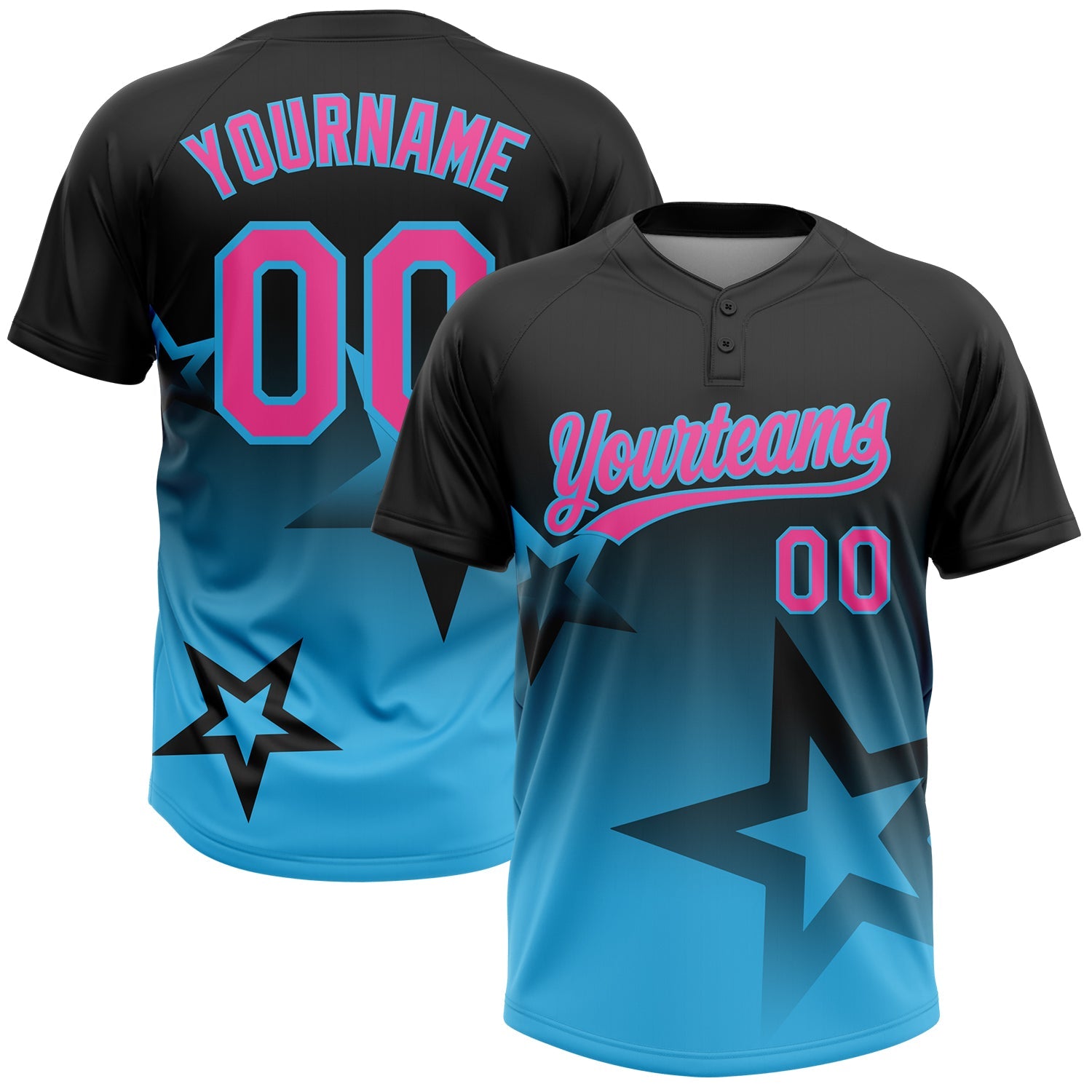 Custom Black Pink-Sky Blue Gradient Style Twinkle Star Two-Button Unisex Softball Jersey - Main View