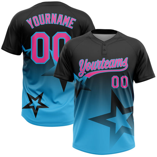 Custom Black Pink-Sky Blue Gradient Style Twinkle Star Two-Button Unisex Softball Jersey - Main View