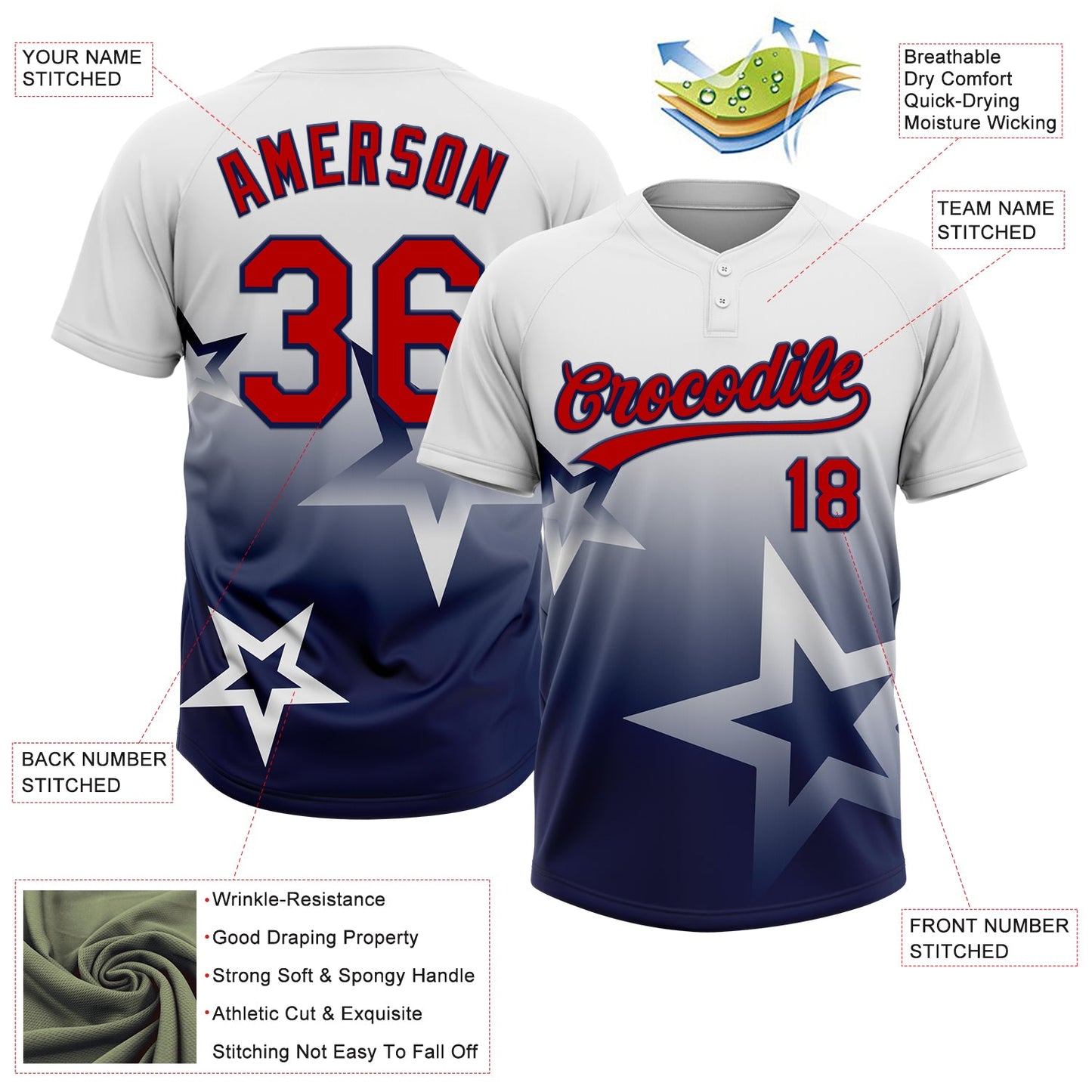 Custom White Red-Navy Gradient Style Twinkle Star Two-Button Unisex Softball Jersey view 3