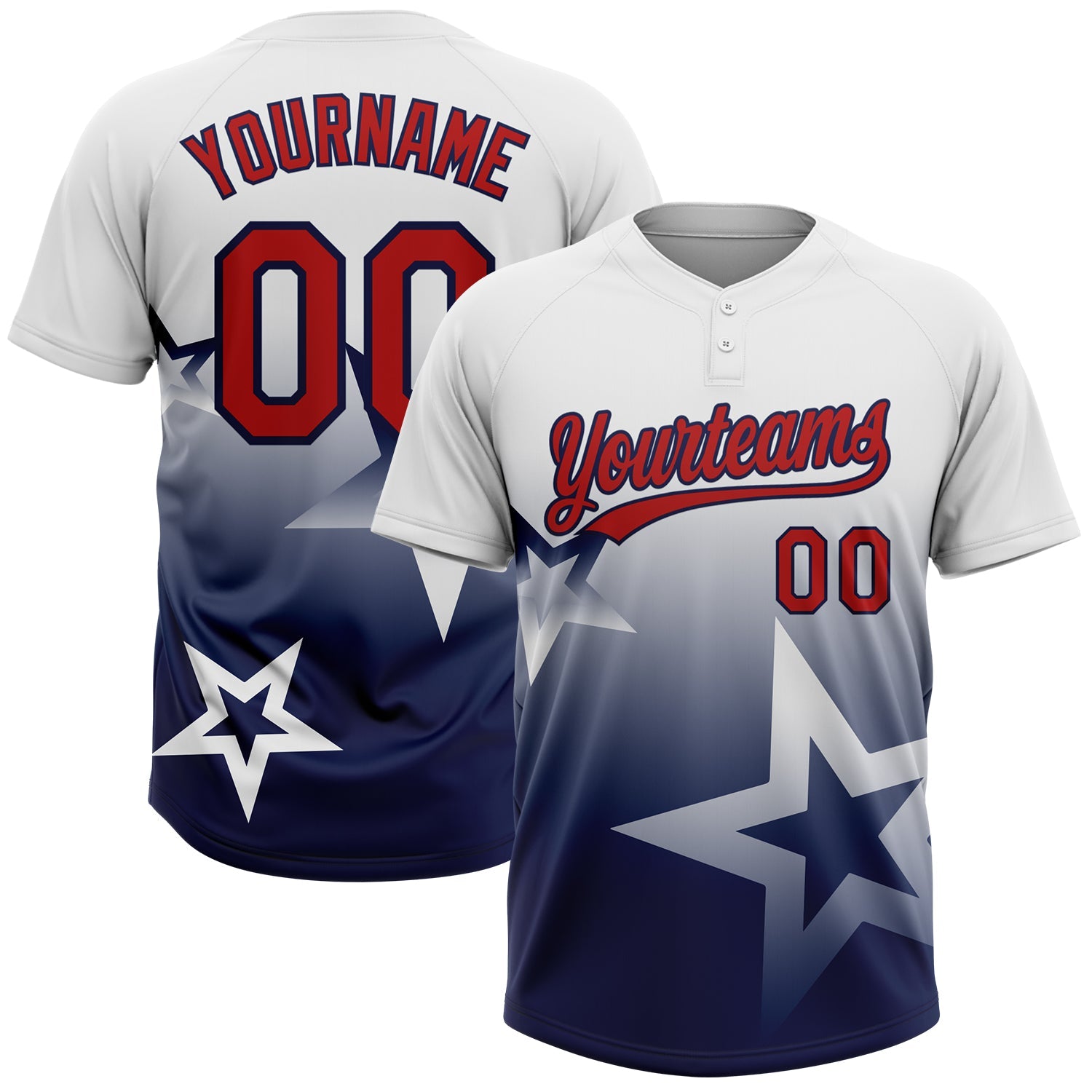 Custom White Red-Navy Gradient Style Twinkle Star Two-Button Unisex Softball Jersey - Main View