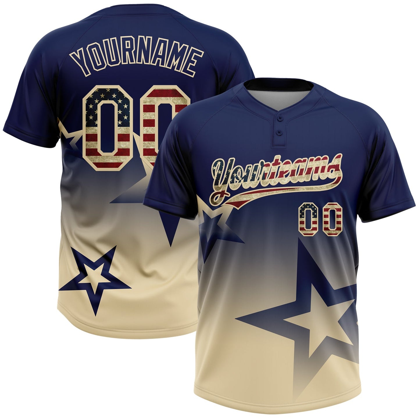 Custom Navy Vintage USA Flag-Cream Gradient Style Twinkle Star Two-Button Unisex Softball Jersey - Main View