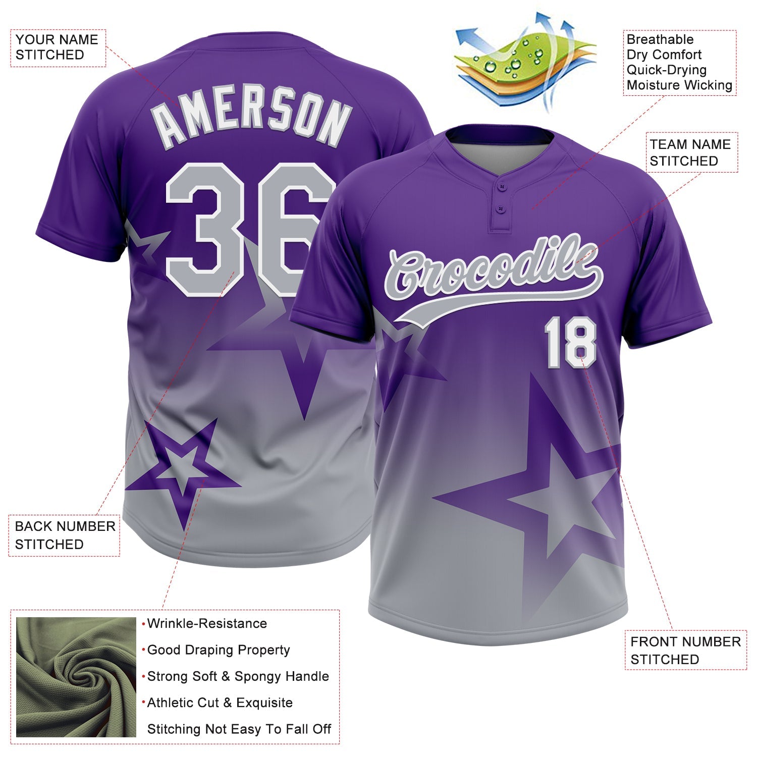 Custom Purple Gray-White Gradient Style Twinkle Star Two-Button Unisex Softball Jersey view 3