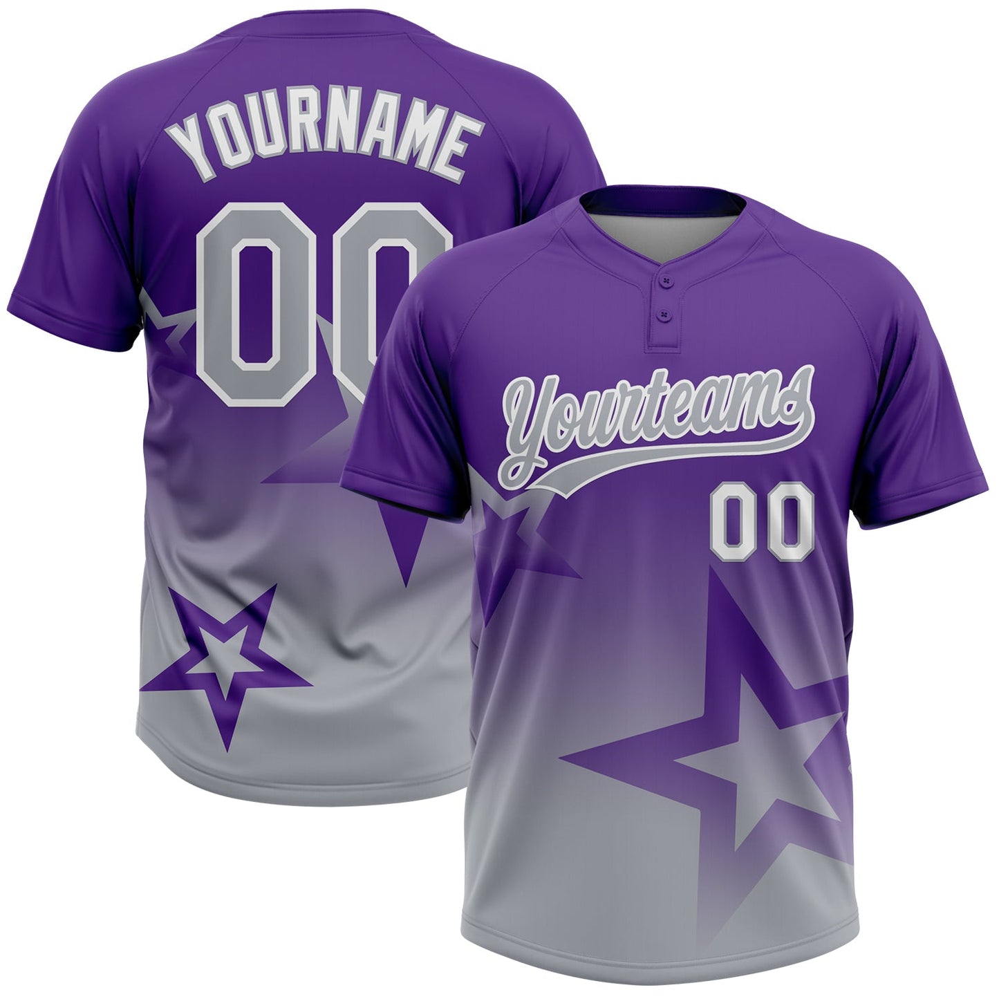 Custom Purple Gray-White Gradient Style Twinkle Star Two-Button Unisex Softball Jersey - Main View