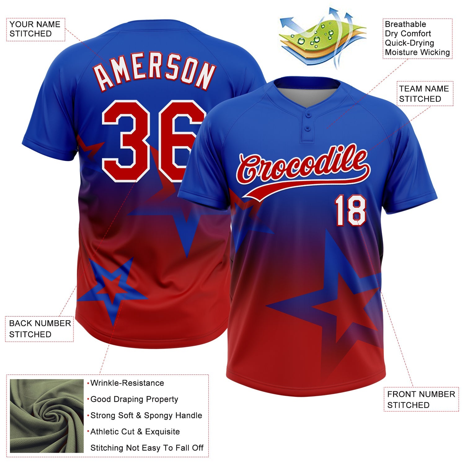 Custom Thunder Blue Red-White Gradient Style Twinkle Star Two-Button Unisex Softball Jersey view 3