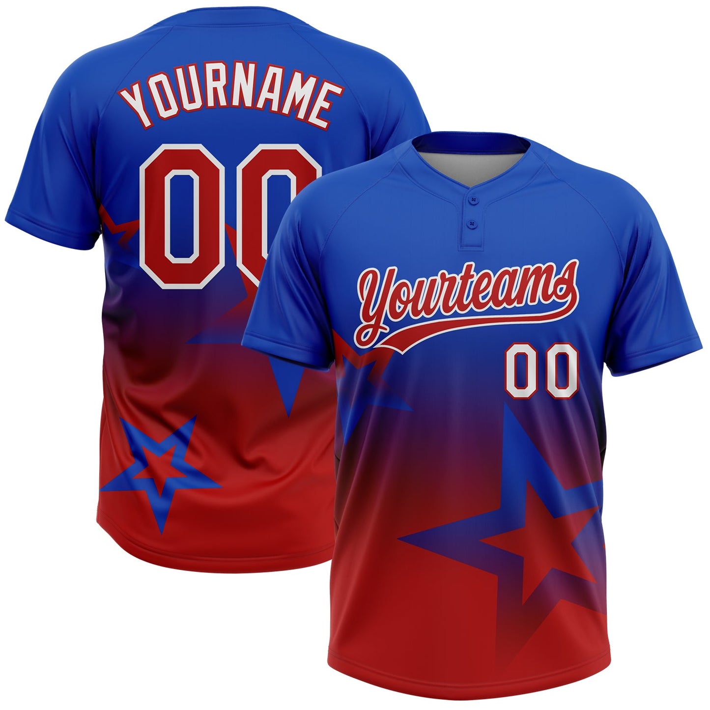Custom Thunder Blue Red-White Gradient Style Twinkle Star Two-Button Unisex Softball Jersey - Main View