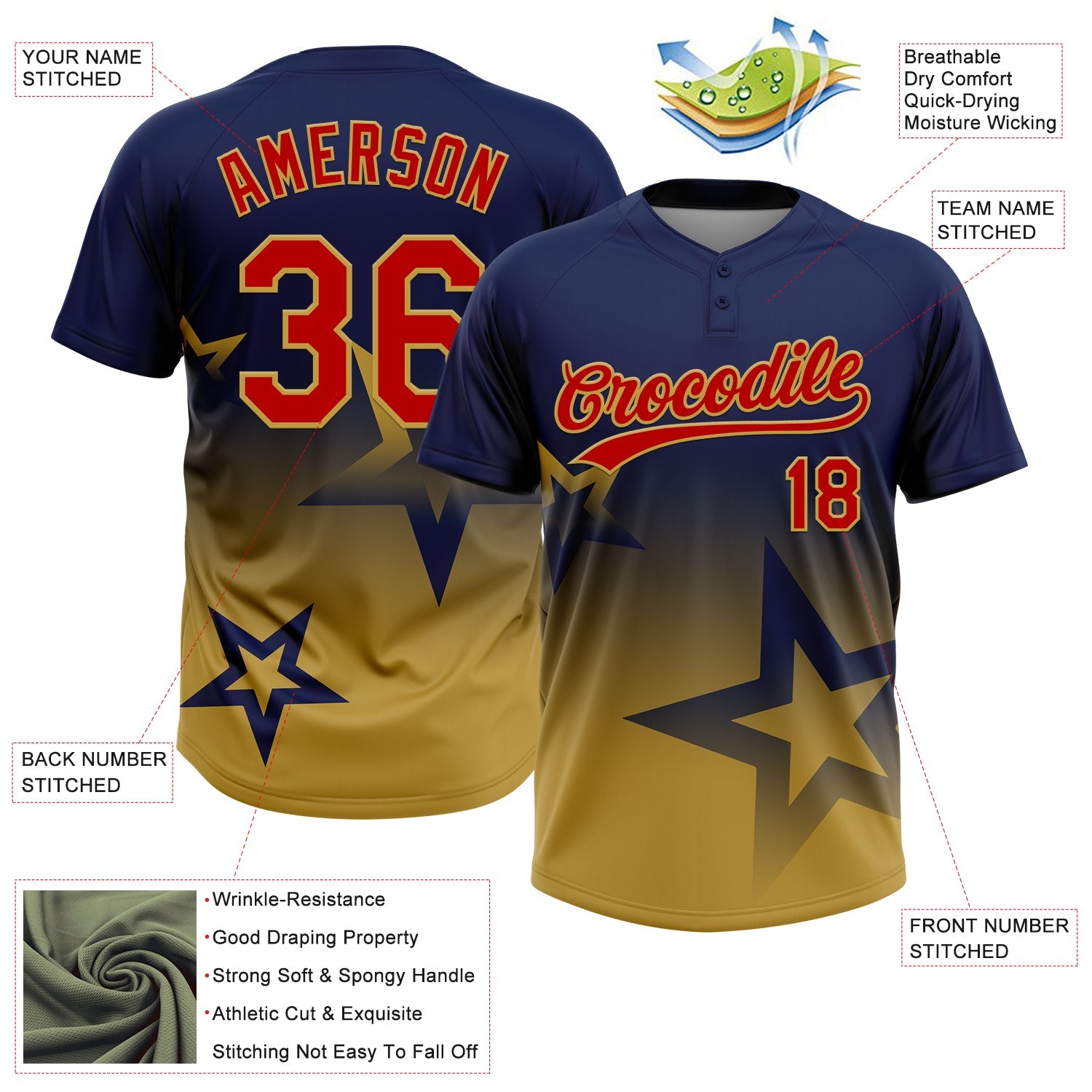 Custom Navy Red-Old Gold Gradient Style Twinkle Star Two-Button Unisex Softball Jersey view 3