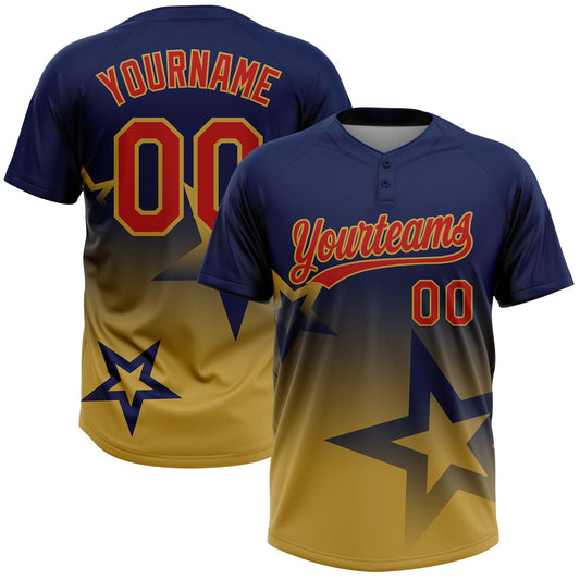 Custom Navy Red-Old Gold Gradient Style Twinkle Star Two-Button Unisex Softball Jersey - Main View