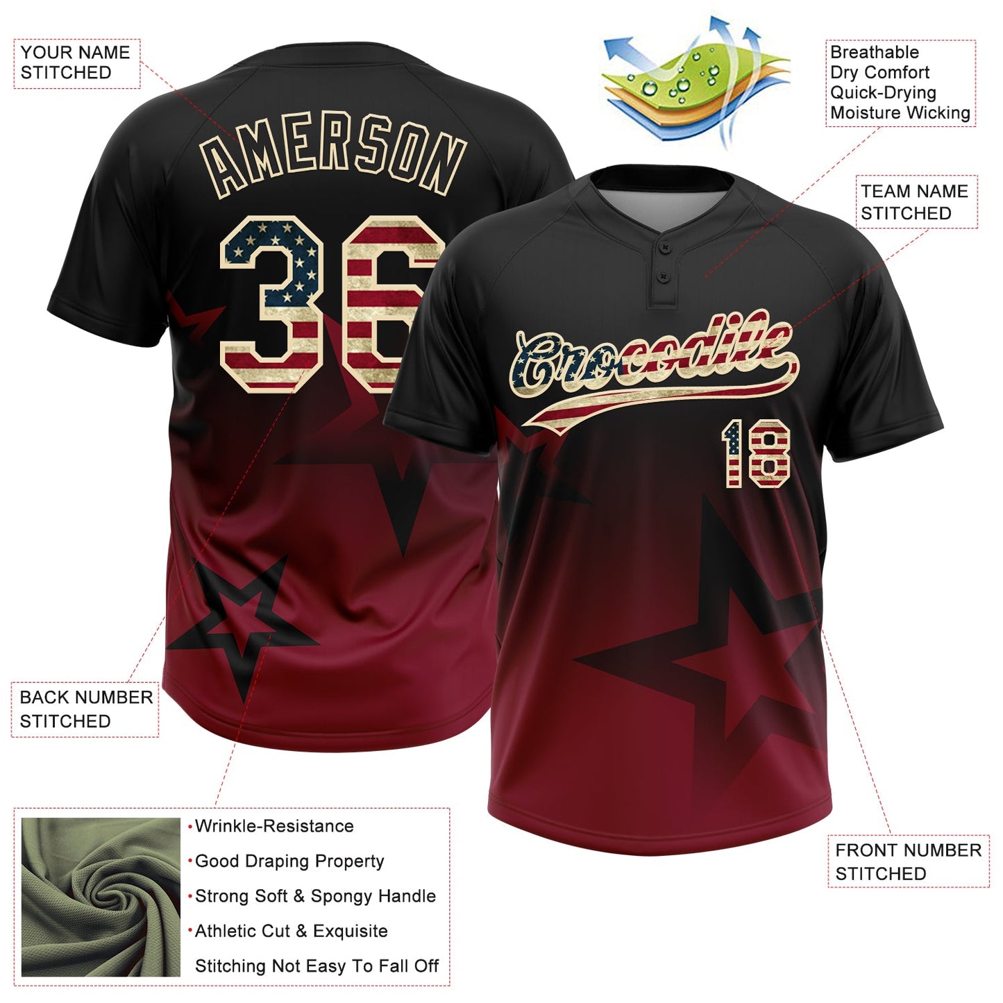 Custom Black Vintage USA Flag Crimson-Cream Gradient Style Twinkle Star Two-Button Unisex Softball Jersey view 3