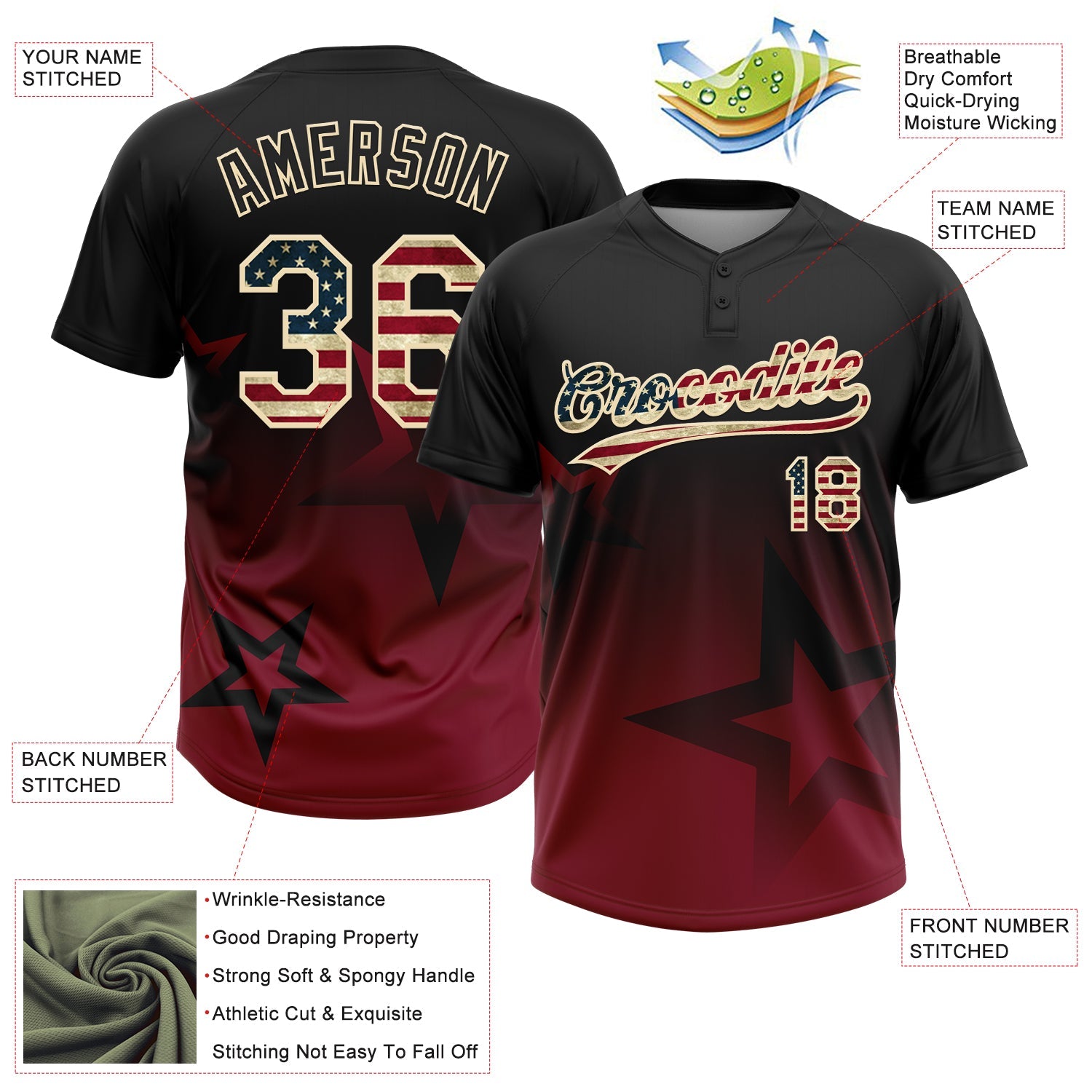 Custom Black Vintage USA Flag Crimson-Cream Gradient Style Twinkle Star Two-Button Unisex Softball Jersey view 3
