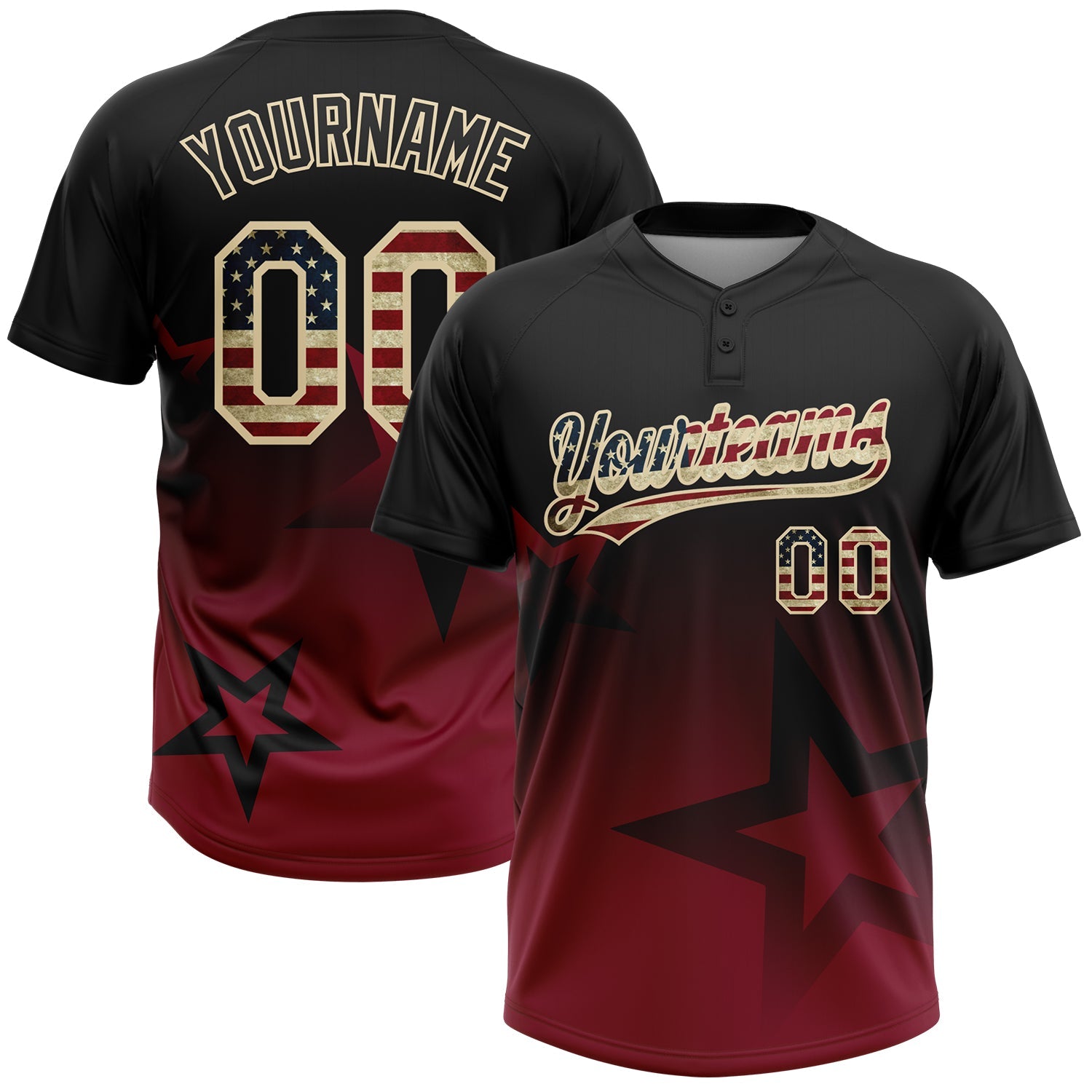 Custom Black Vintage USA Flag Crimson-Cream Gradient Style Twinkle Star Two-Button Unisex Softball Jersey - Main View
