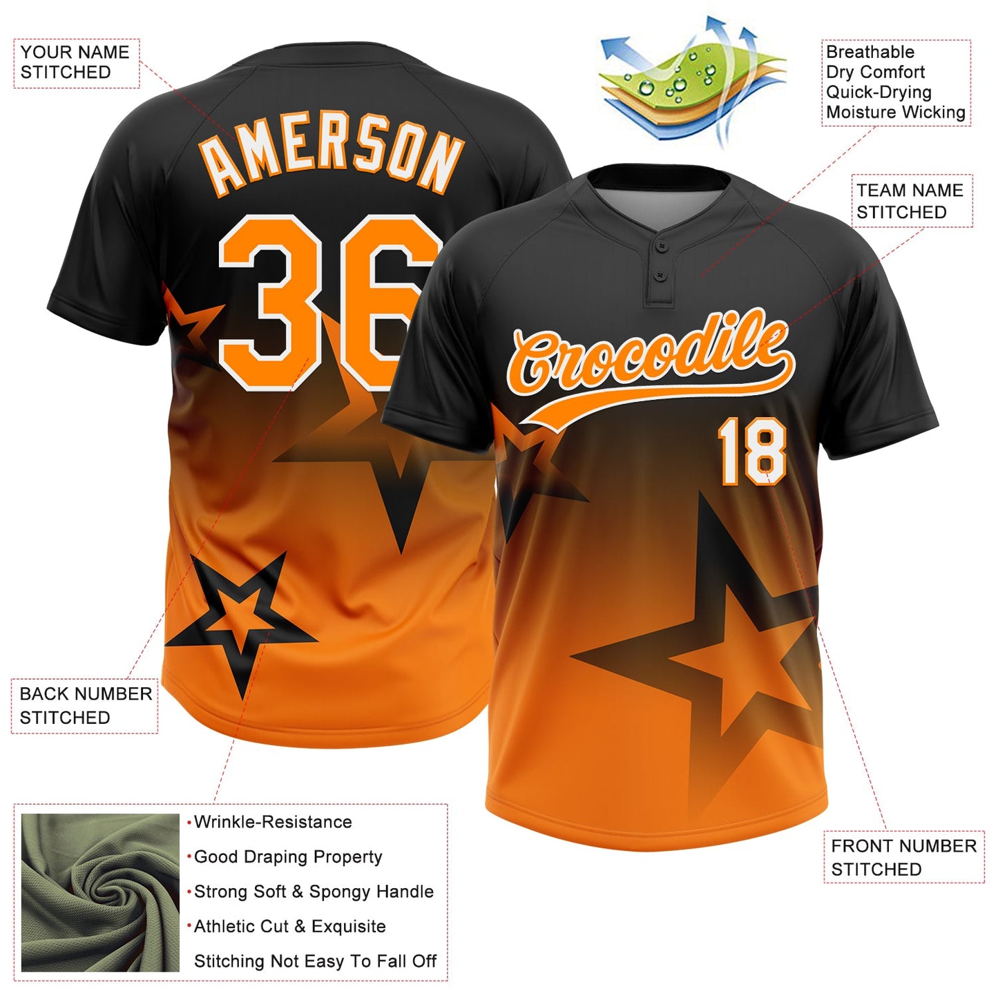 Custom Black Bay Orange-White Gradient Style Twinkle Star Two-Button Unisex Softball Jersey view 3