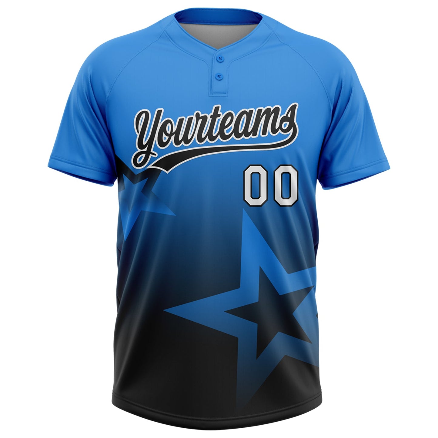 Custom Electric Blue Black-White Gradient Style Twinkle Star Two-Button Unisex Softball Jersey view 2