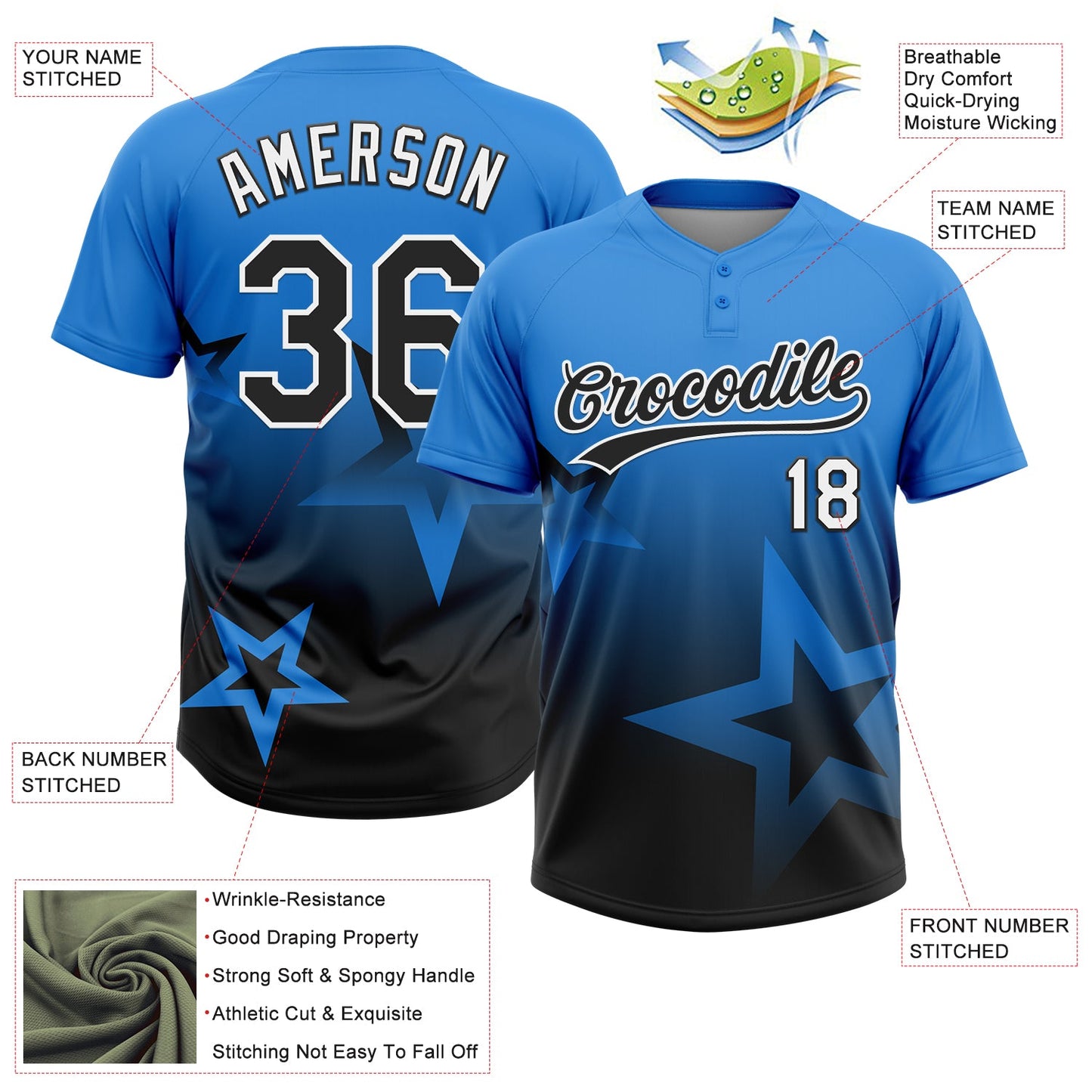 Custom Electric Blue Black-White Gradient Style Twinkle Star Two-Button Unisex Softball Jersey view 3