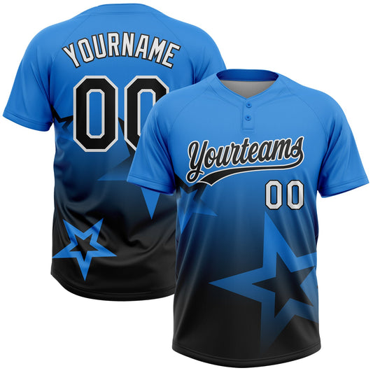 Custom Electric Blue Black-White Gradient Style Twinkle Star Two-Button Unisex Softball Jersey - Main View